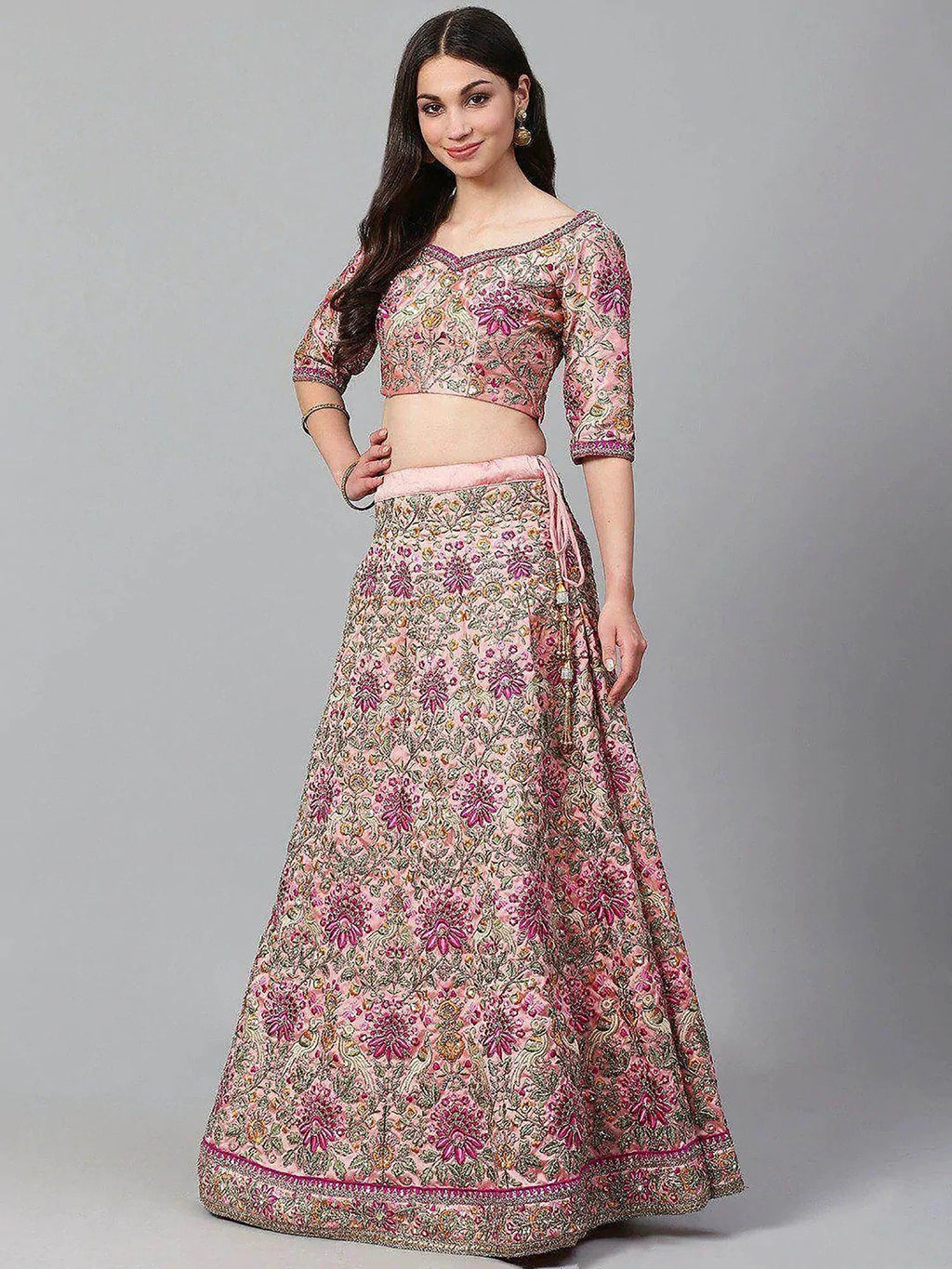 Beautiful Peach Embroidered Silk Sangeet Wear Plus Size Lehenga Choli