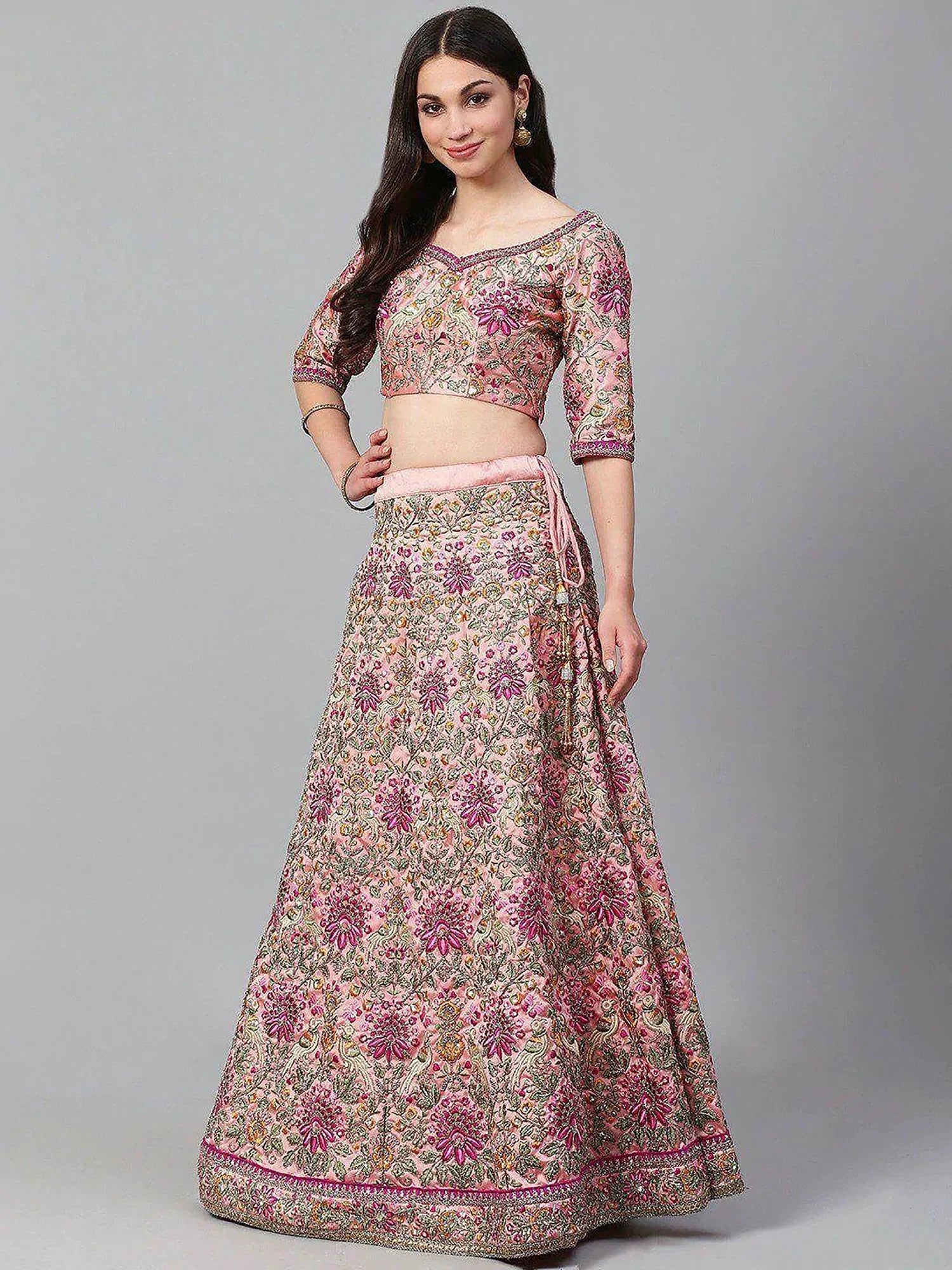 Beautiful Peach Embroidered Silk Sangeet Wear Plus Size Lehenga Choli