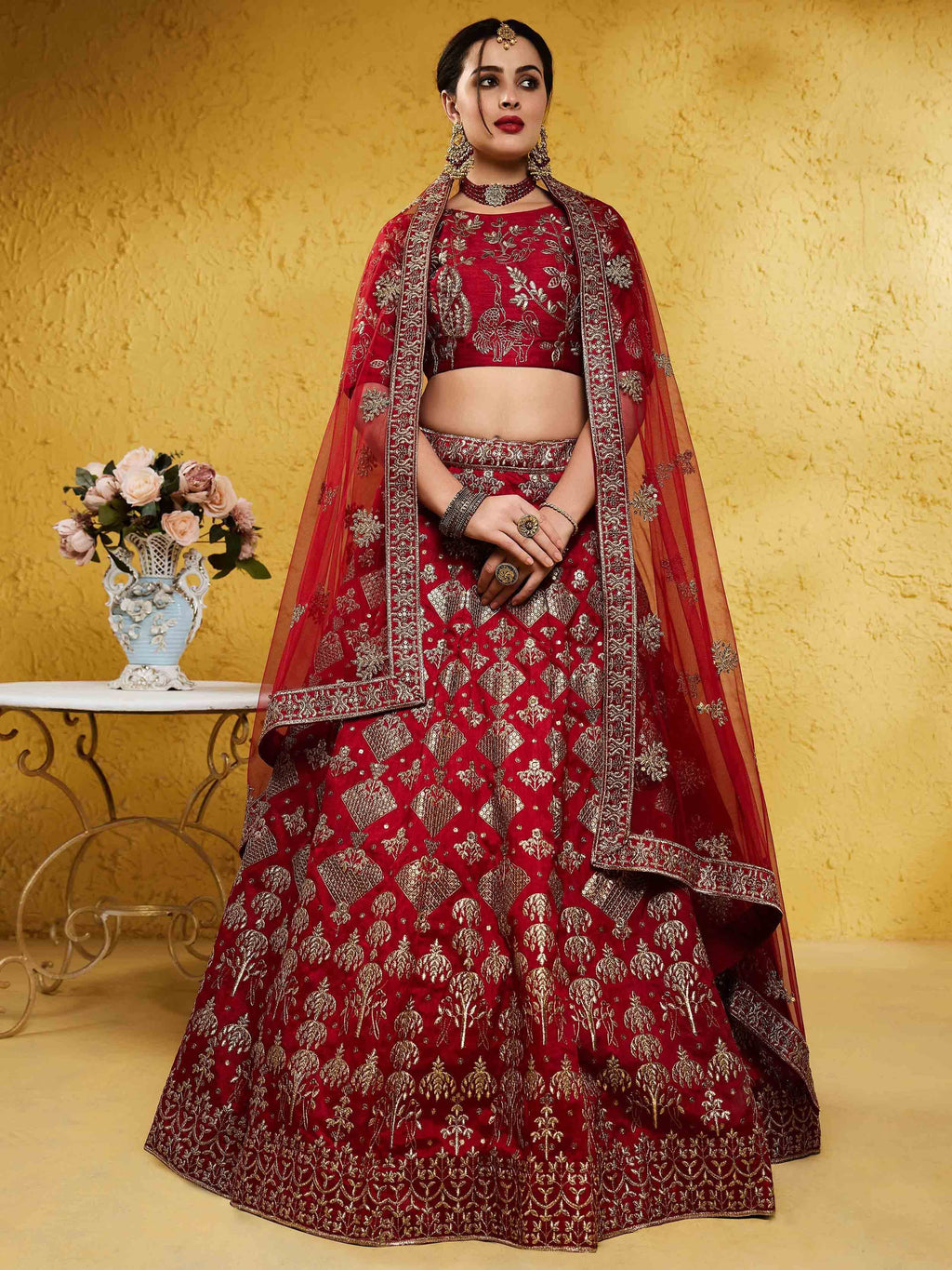Red Fascinating Embroidered Silk Bridal Lehenga Choli With Dupatta