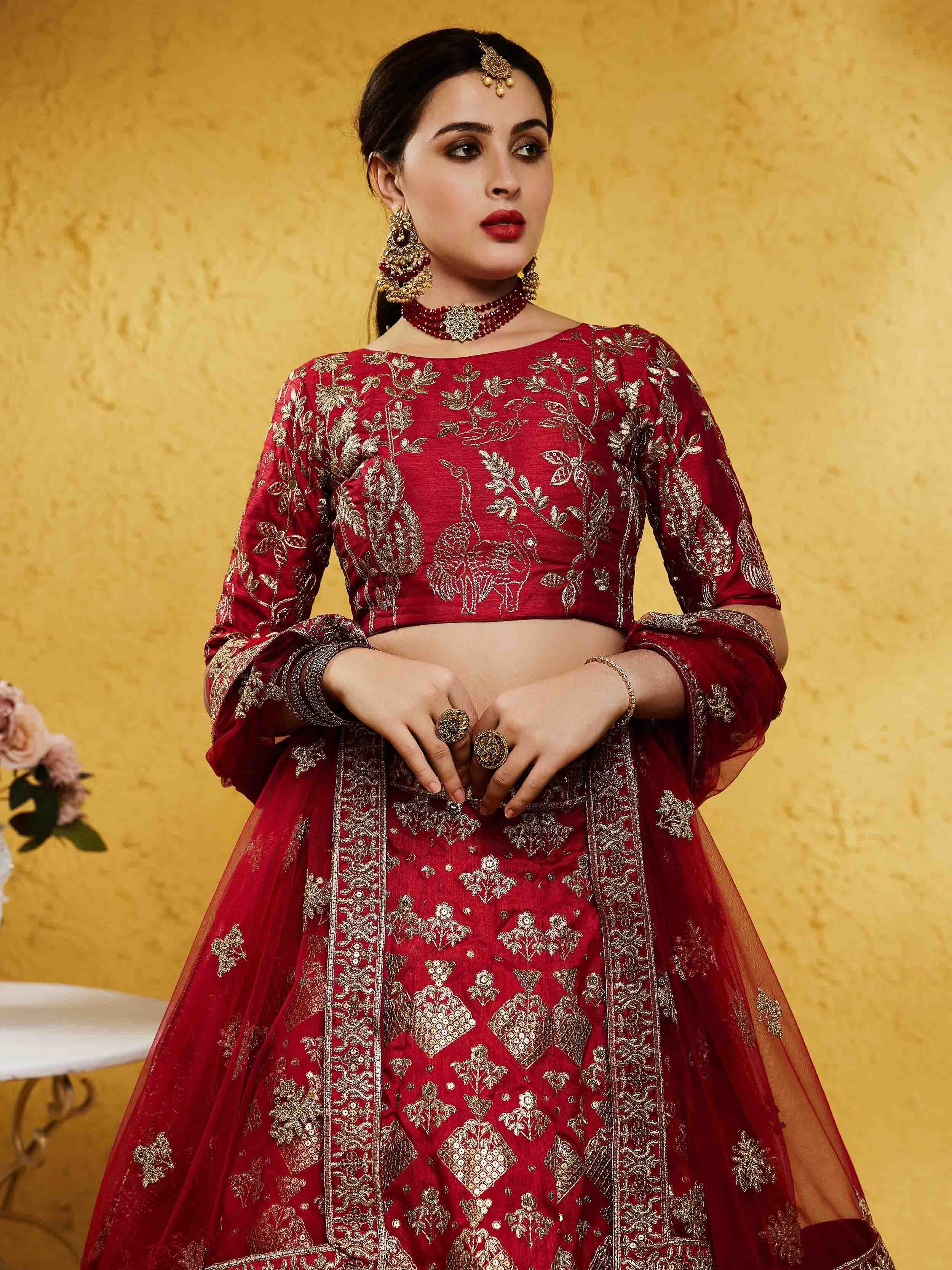 Red Fascinating Embroidered Silk Bridal Lehenga Choli With Dupatta