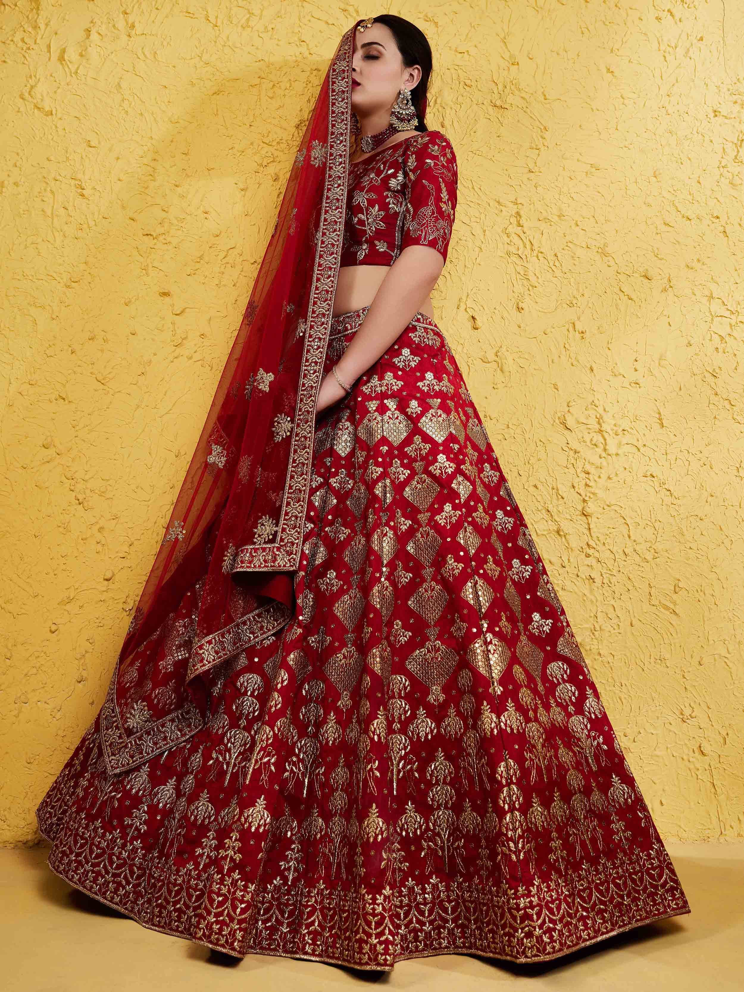 Red Fascinating Embroidered Silk Bridal Lehenga Choli With Dupatta