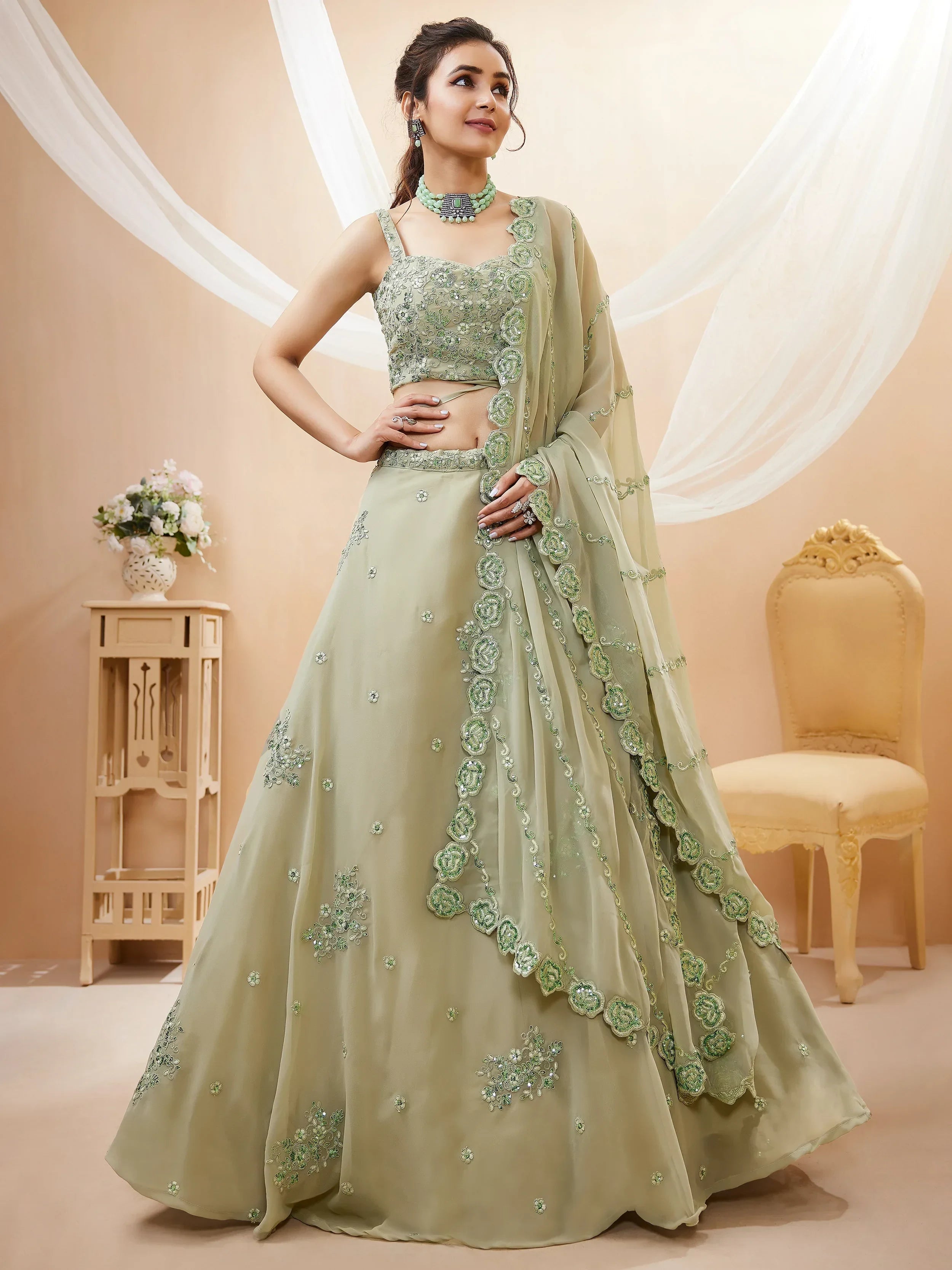 Green Stunning Sequins Georgette Engagement Wear Lehenga Choli