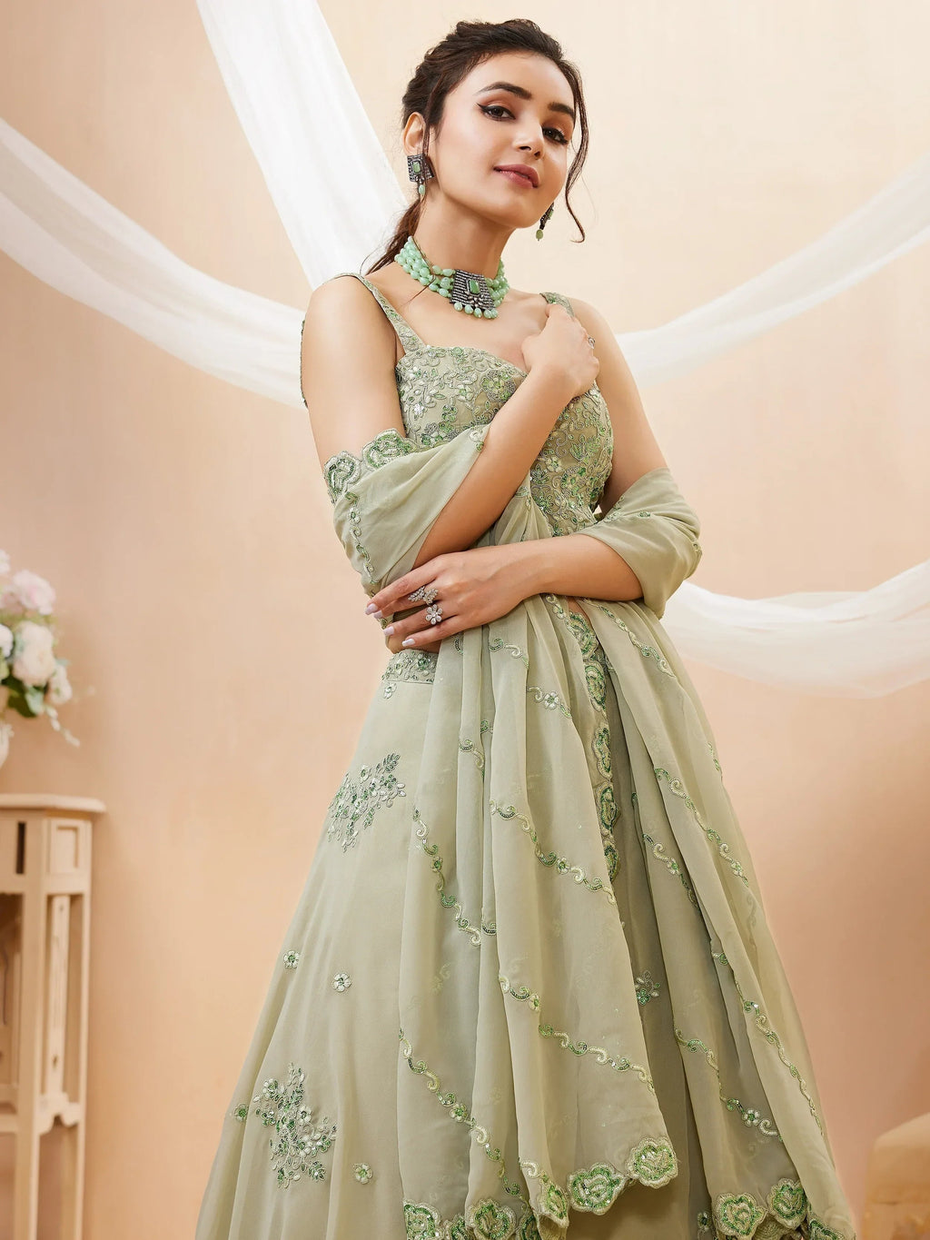 Green Stunning Sequins Georgette Engagement Wear Lehenga Choli