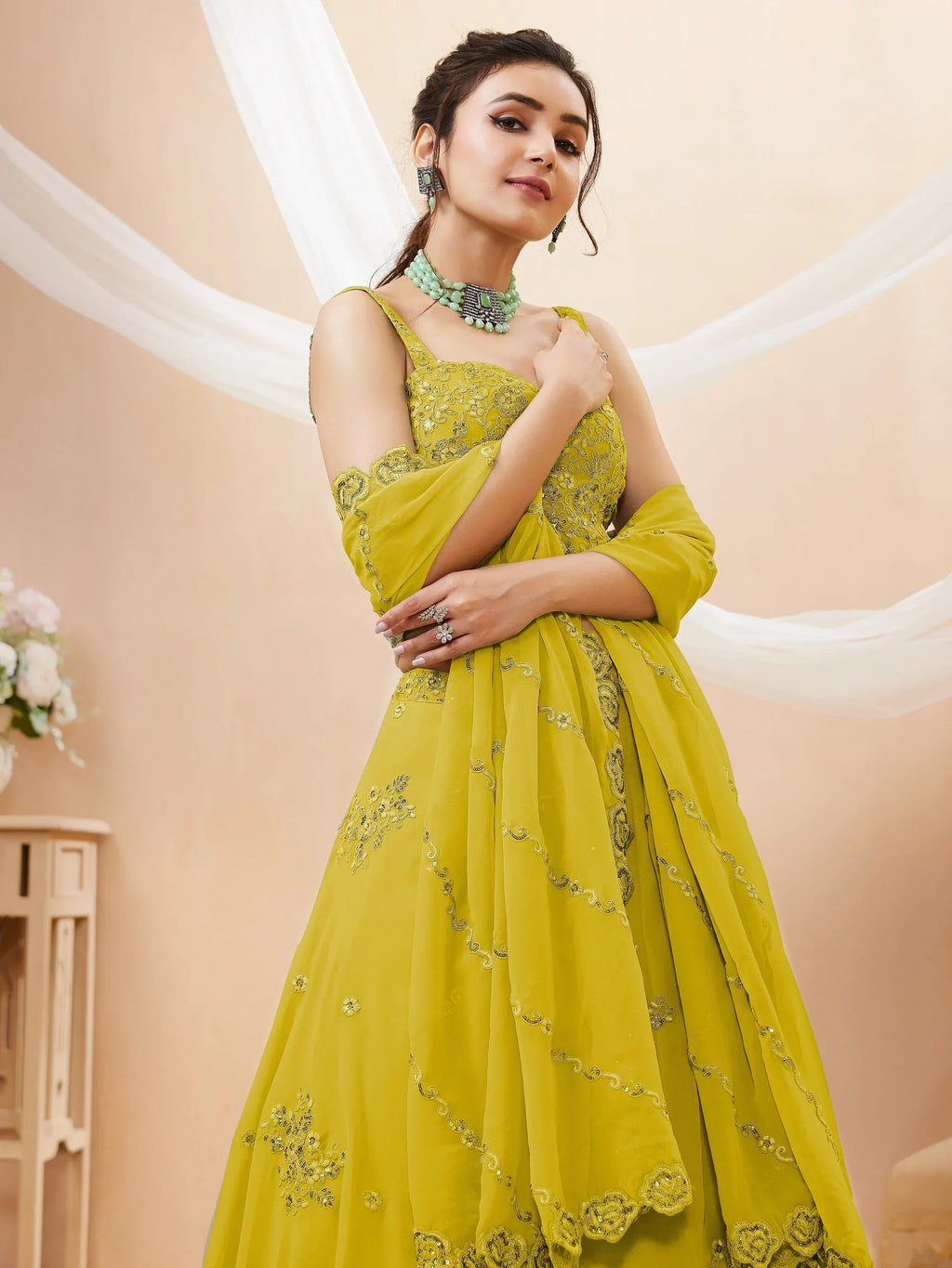 Yellow Stunning Sequins Georgette Engagement Wear Lehenga Choli