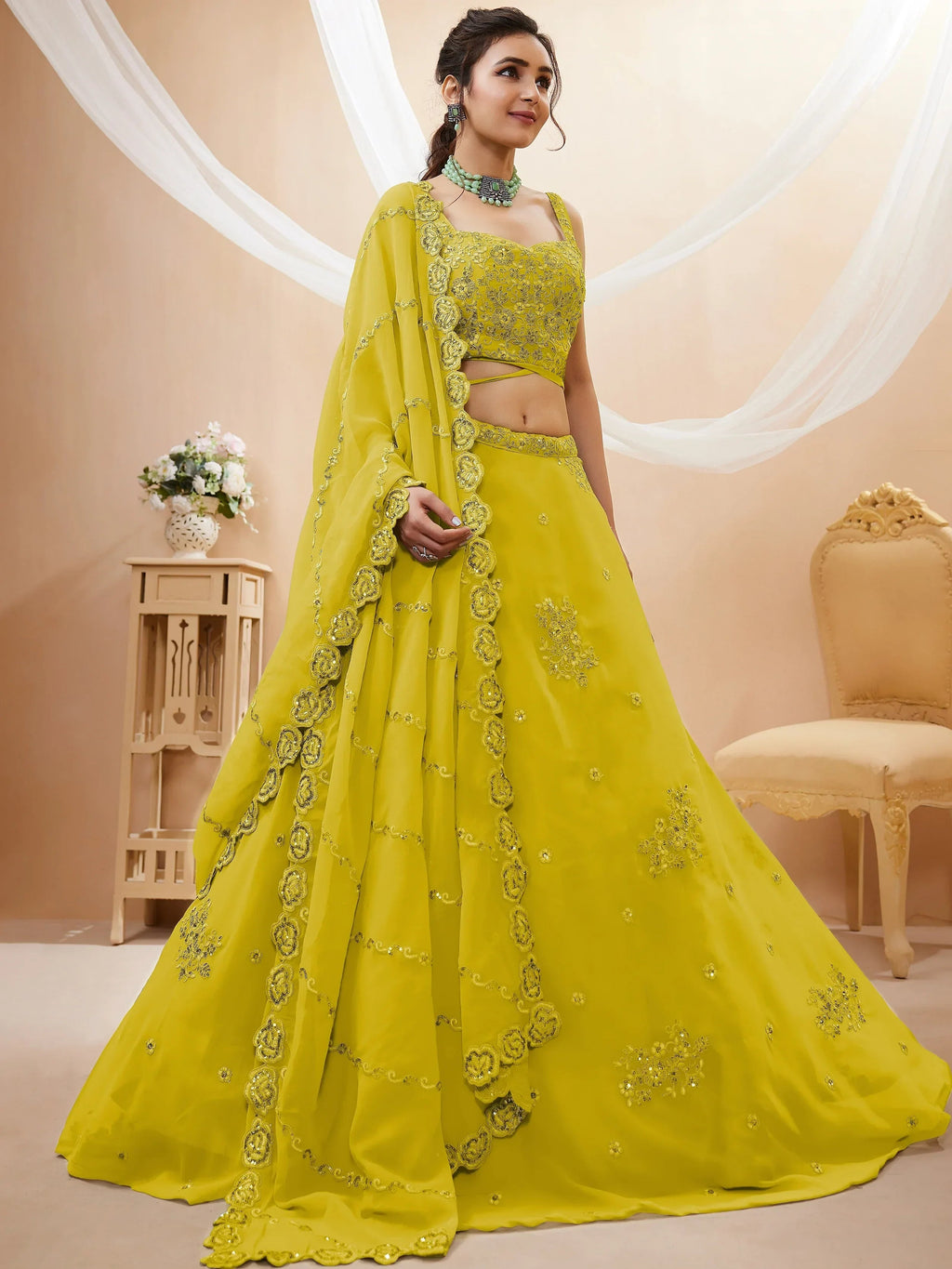 Yellow Stunning Sequins Georgette Engagement Wear Lehenga Choli