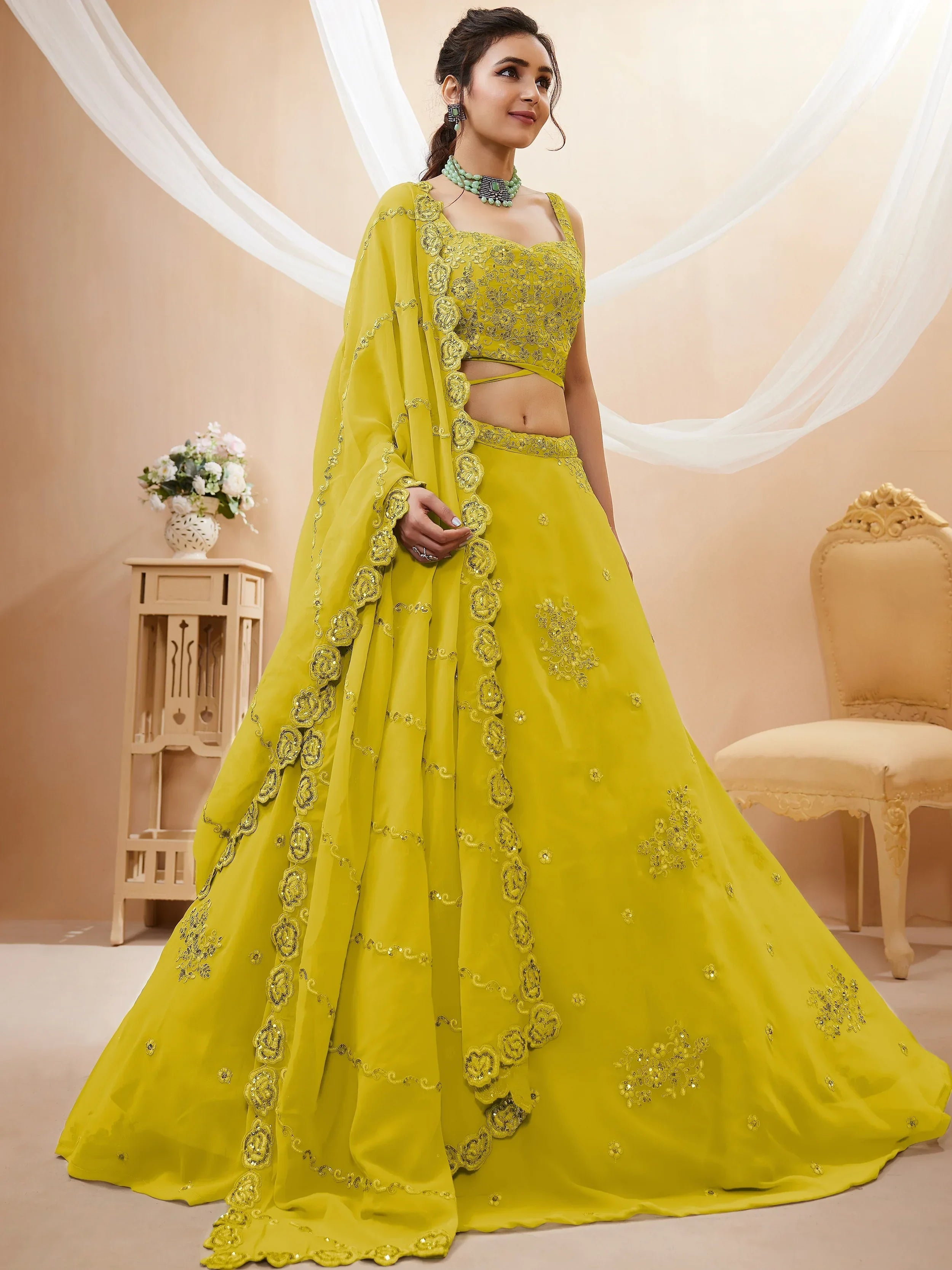 Yellow Stunning Sequins Georgette Engagement Wear Lehenga Choli