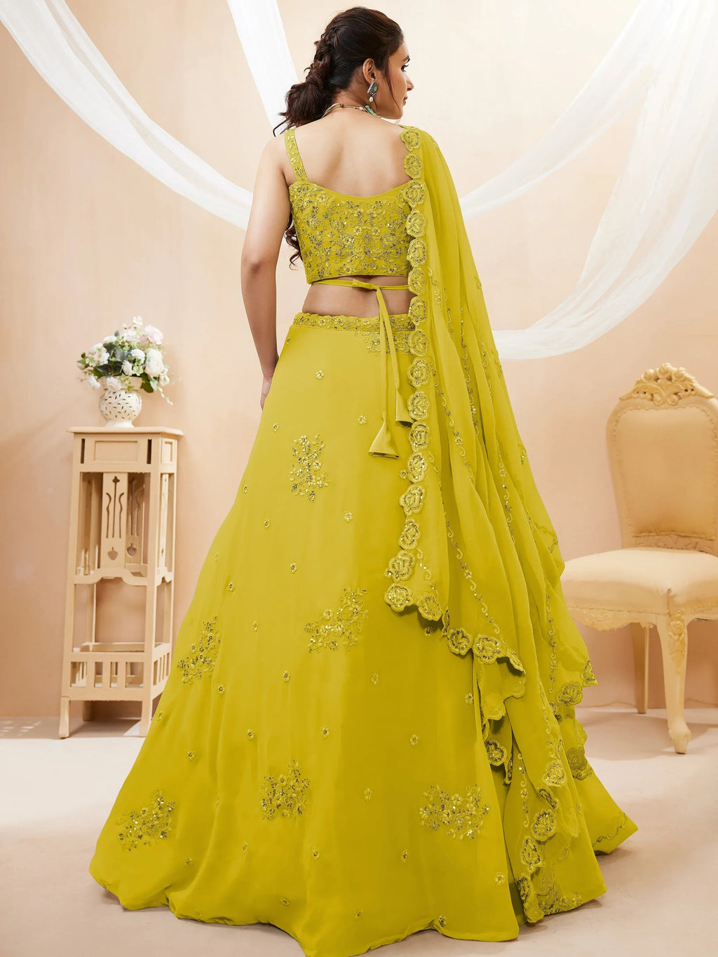 Yellow Stunning Sequins Georgette Engagement Wear Lehenga Choli