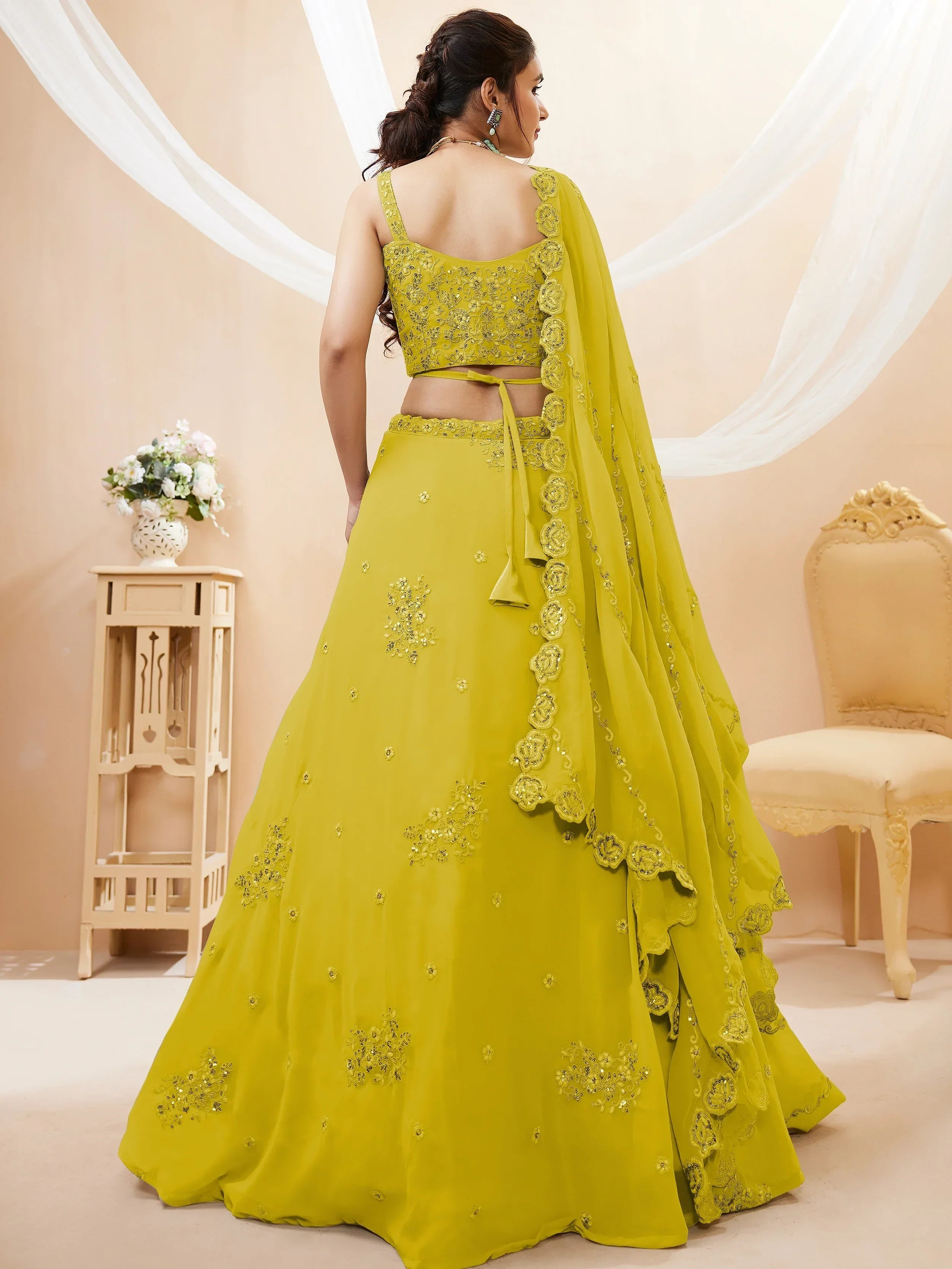 Yellow Stunning Sequins Georgette Engagement Wear Lehenga Choli