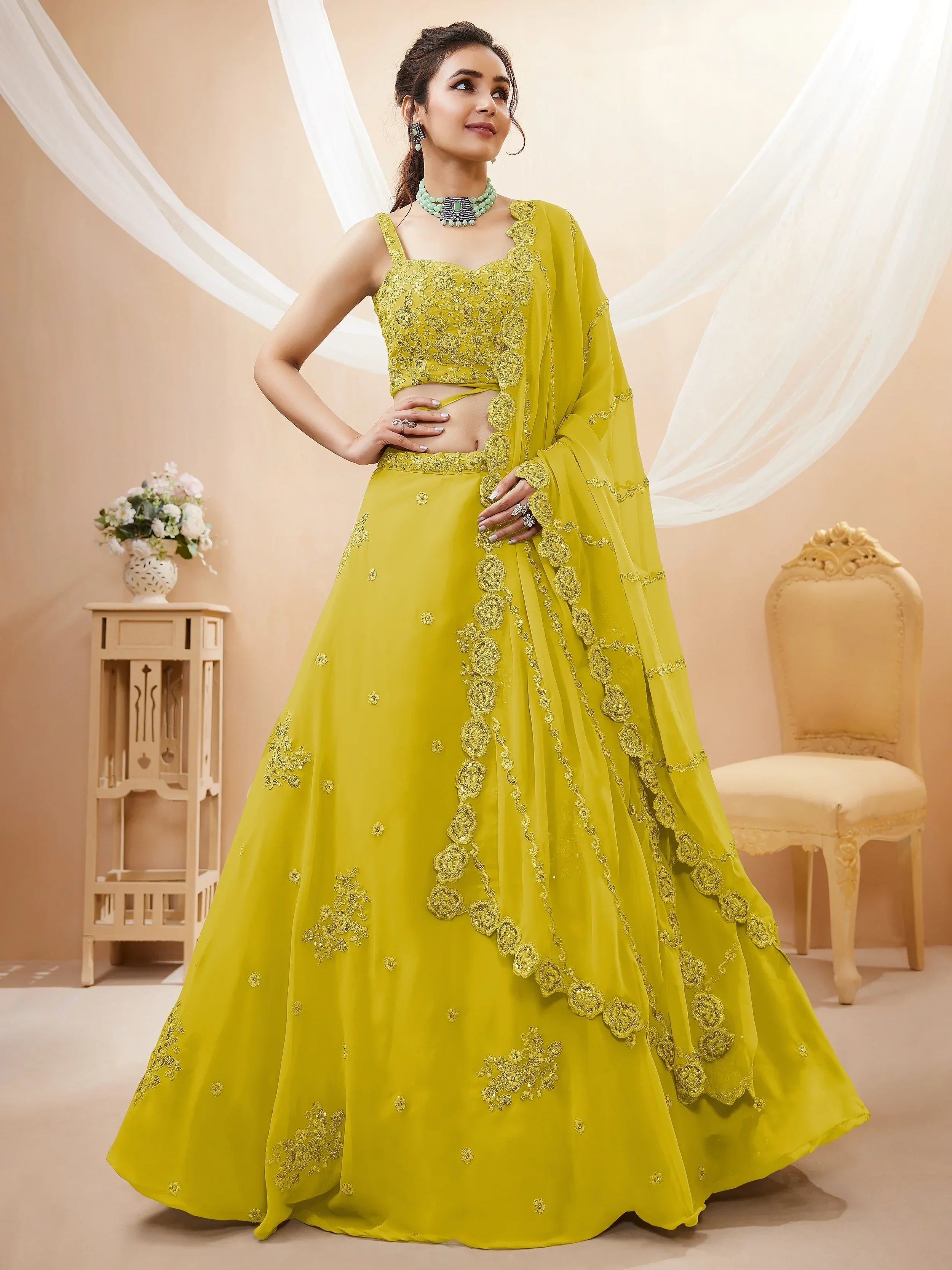 Yellow Stunning Sequins Georgette Engagement Wear Lehenga Choli