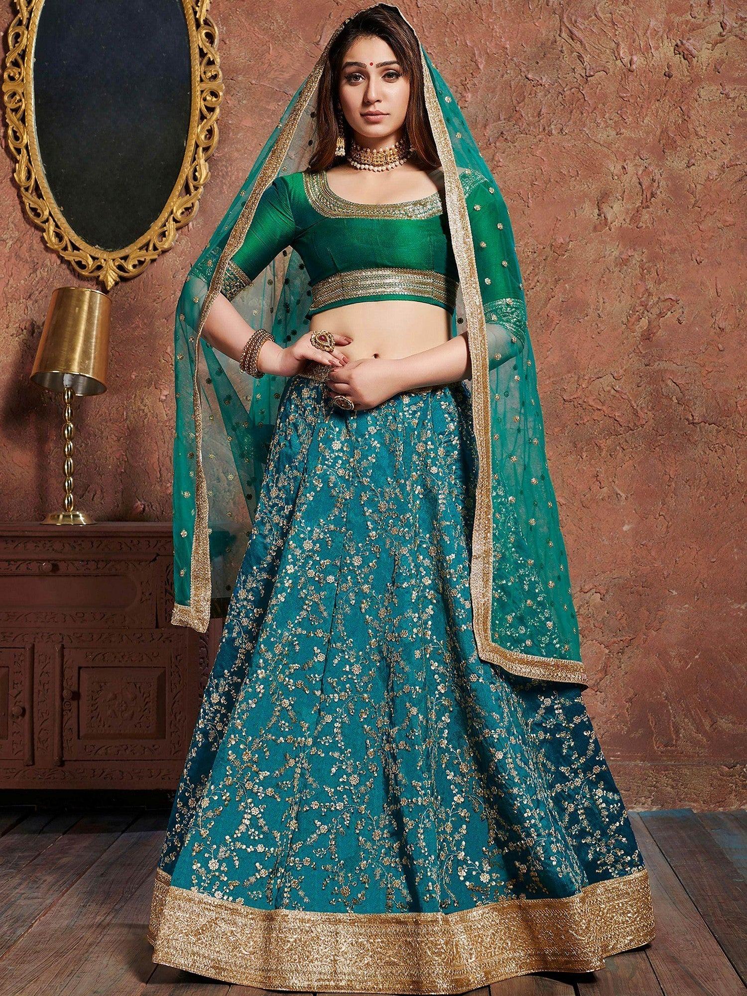 Green Semi-Stitched Myntra Wedding Wear Lehenga & Unstitched Blouse with Dupatta