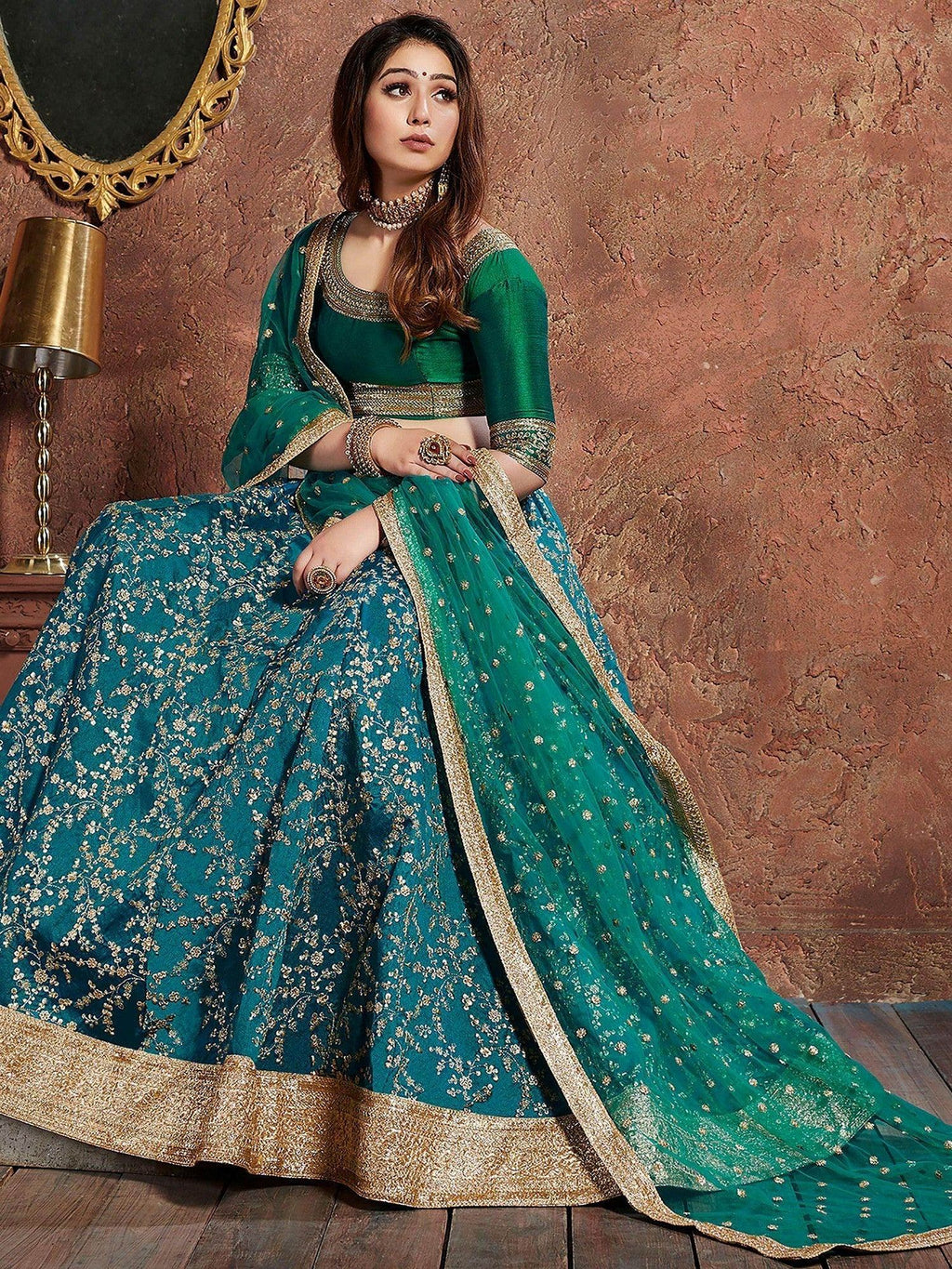 Green Semi-Stitched Myntra Wedding Wear Lehenga & Unstitched Blouse with Dupatta