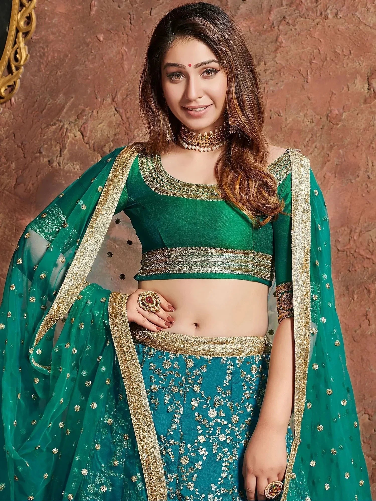 Green Semi-Stitched Myntra Wedding Wear Lehenga & Unstitched Blouse with Dupatta