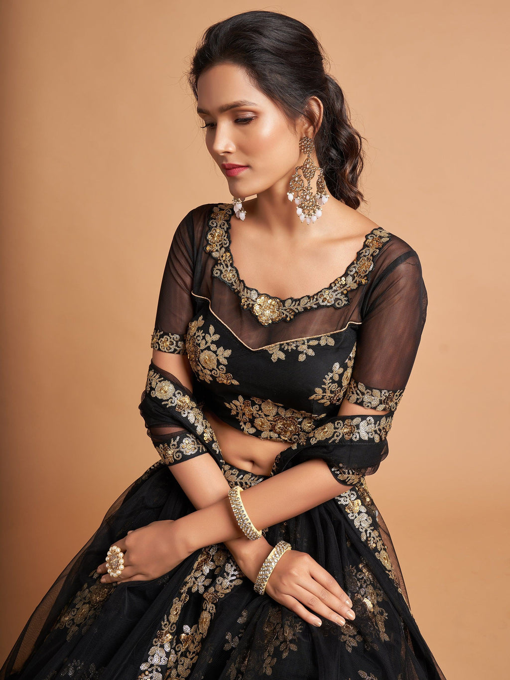 Awesome Black Zari Embroidery Net Party Wear Lehenga Choli