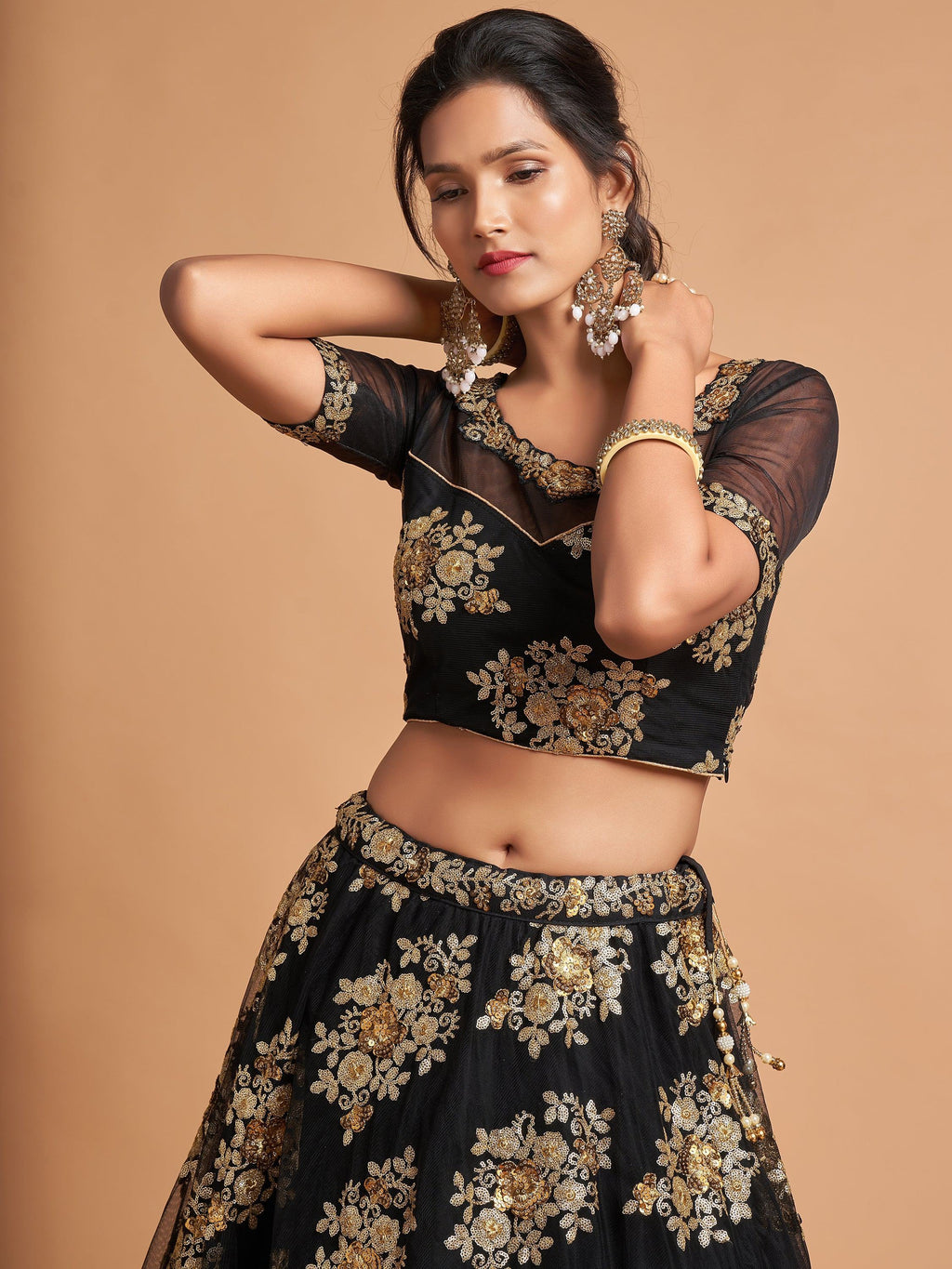 Awesome Black Zari Embroidery Net Party Wear Lehenga Choli