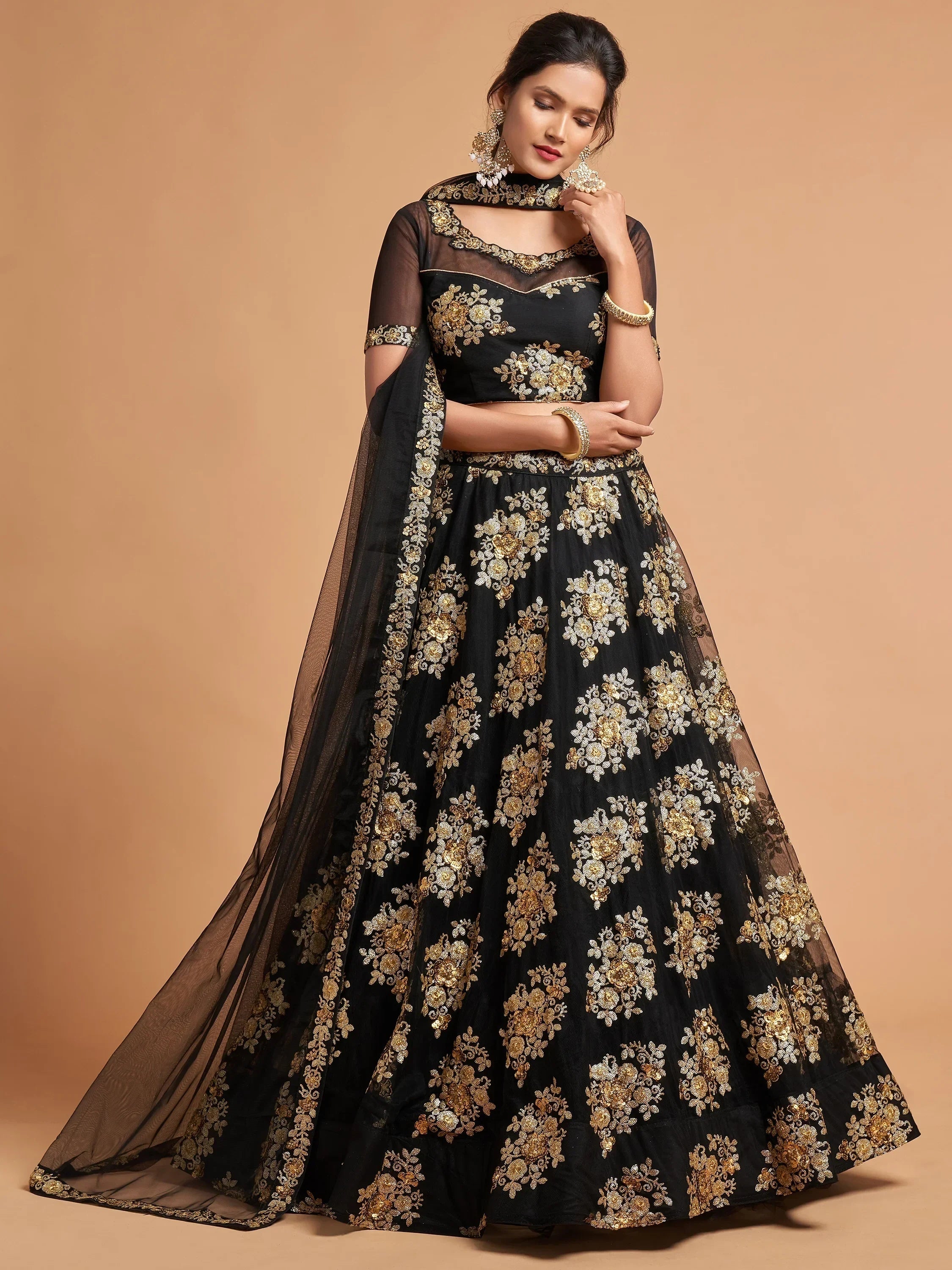 Awesome Black Zari Embroidery Net Party Wear Lehenga Choli