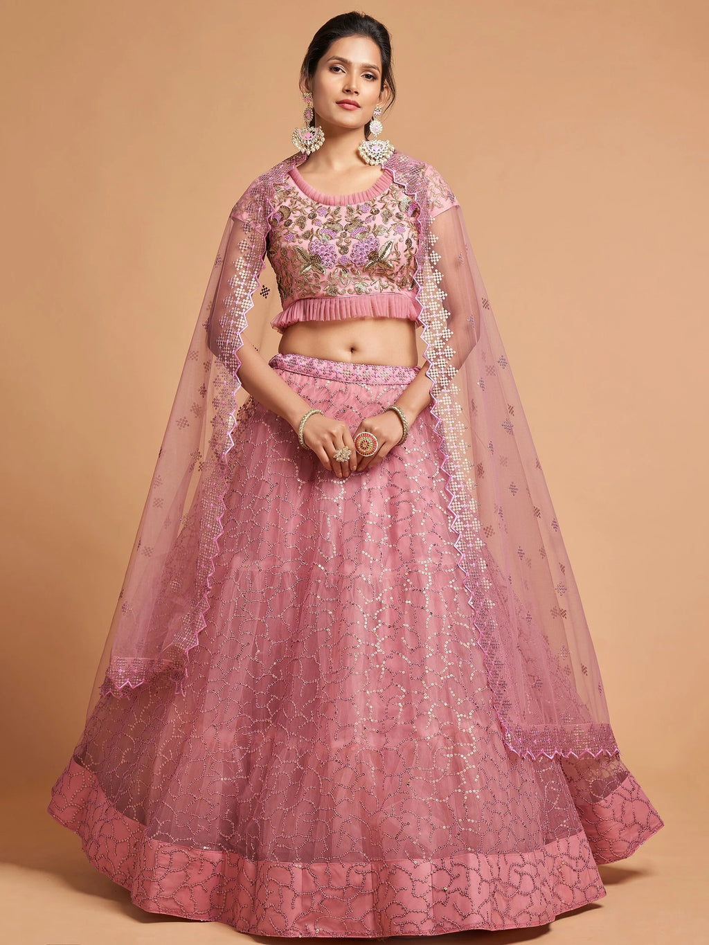 Elegant Pink Embroidered Net Engagement Wear Plus Size Lehenga Choli