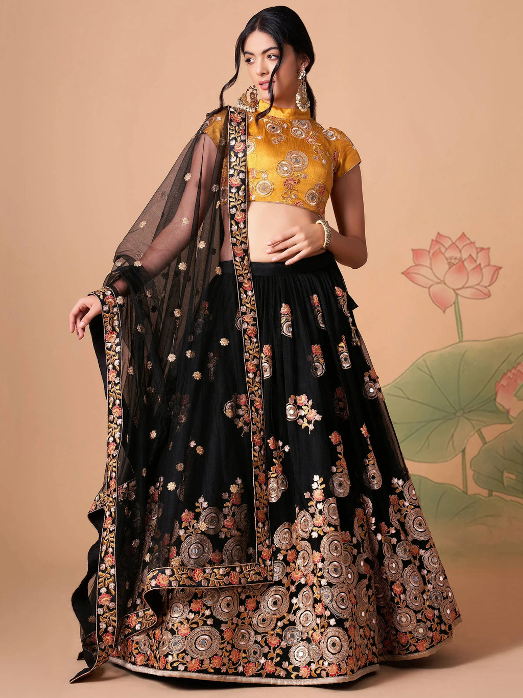 Graceful Black Embroidered Net Reception Wear Plus Size Lehenga Choli