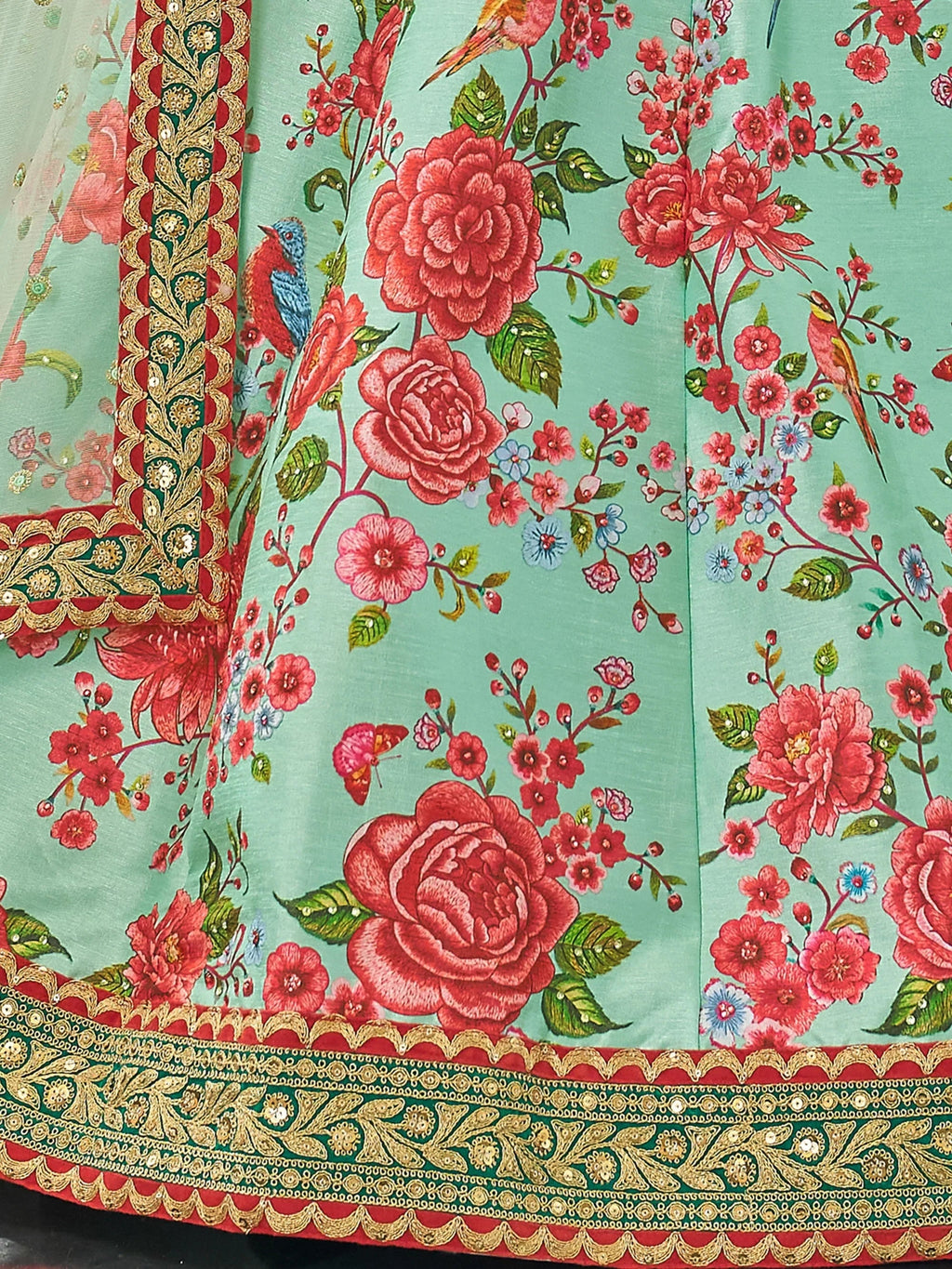 Mint Spectacular Floral Printed Art Silk Lehenga Choli