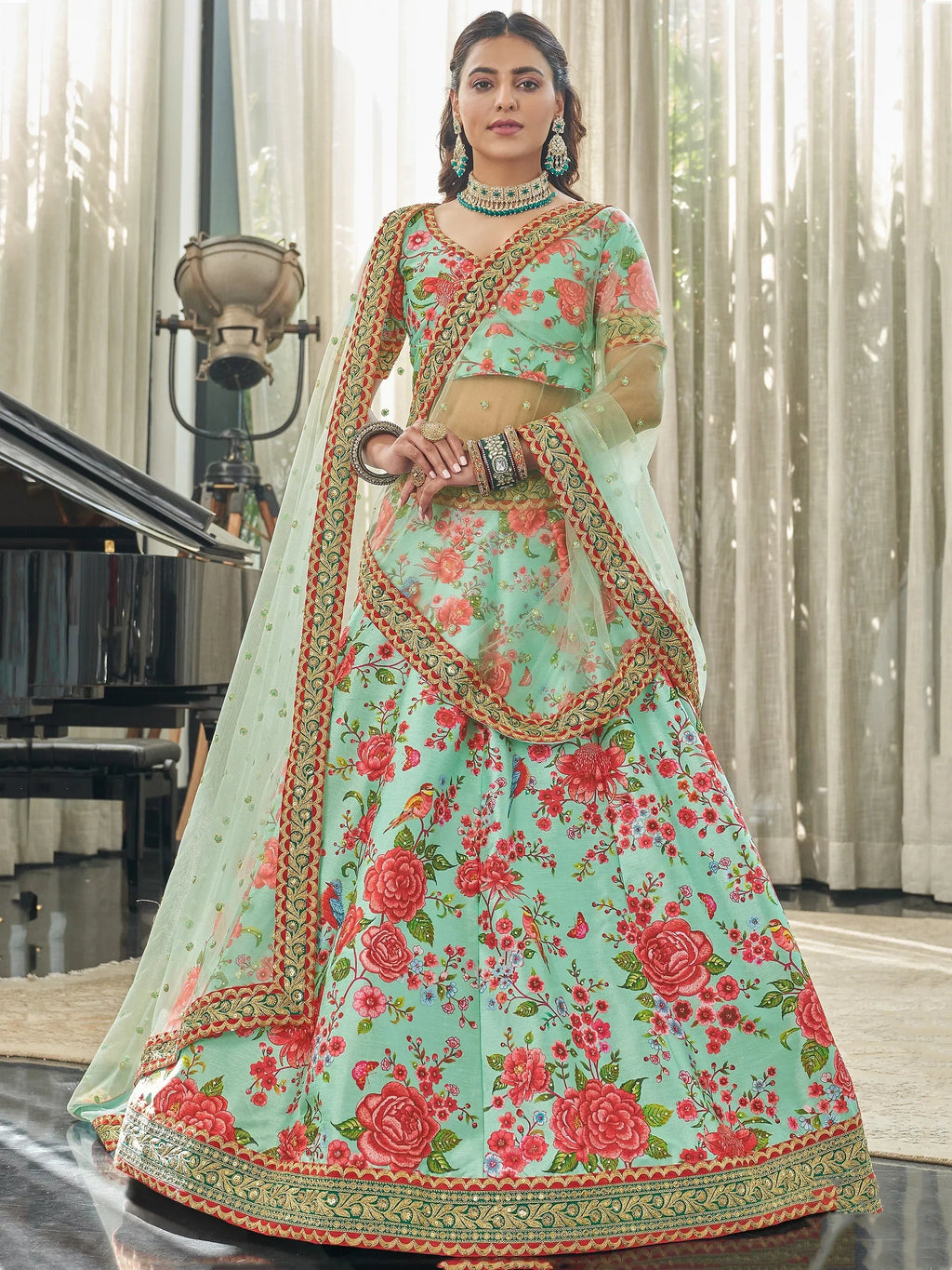 Mint Spectacular Floral Printed Art Silk Lehenga Choli