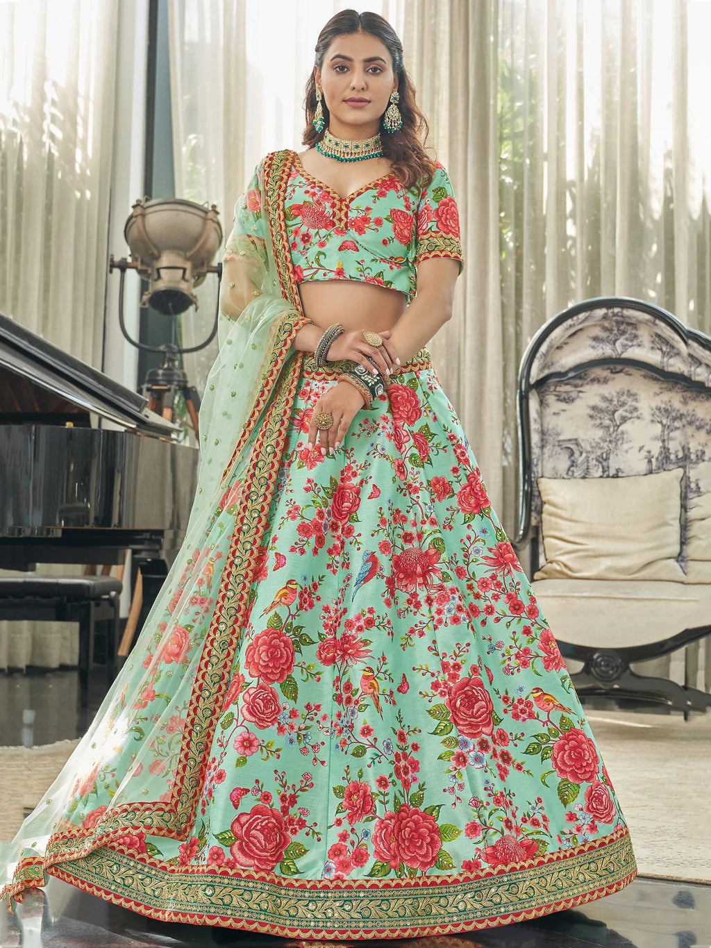 Mint Spectacular Floral Printed Art Silk Lehenga Choli