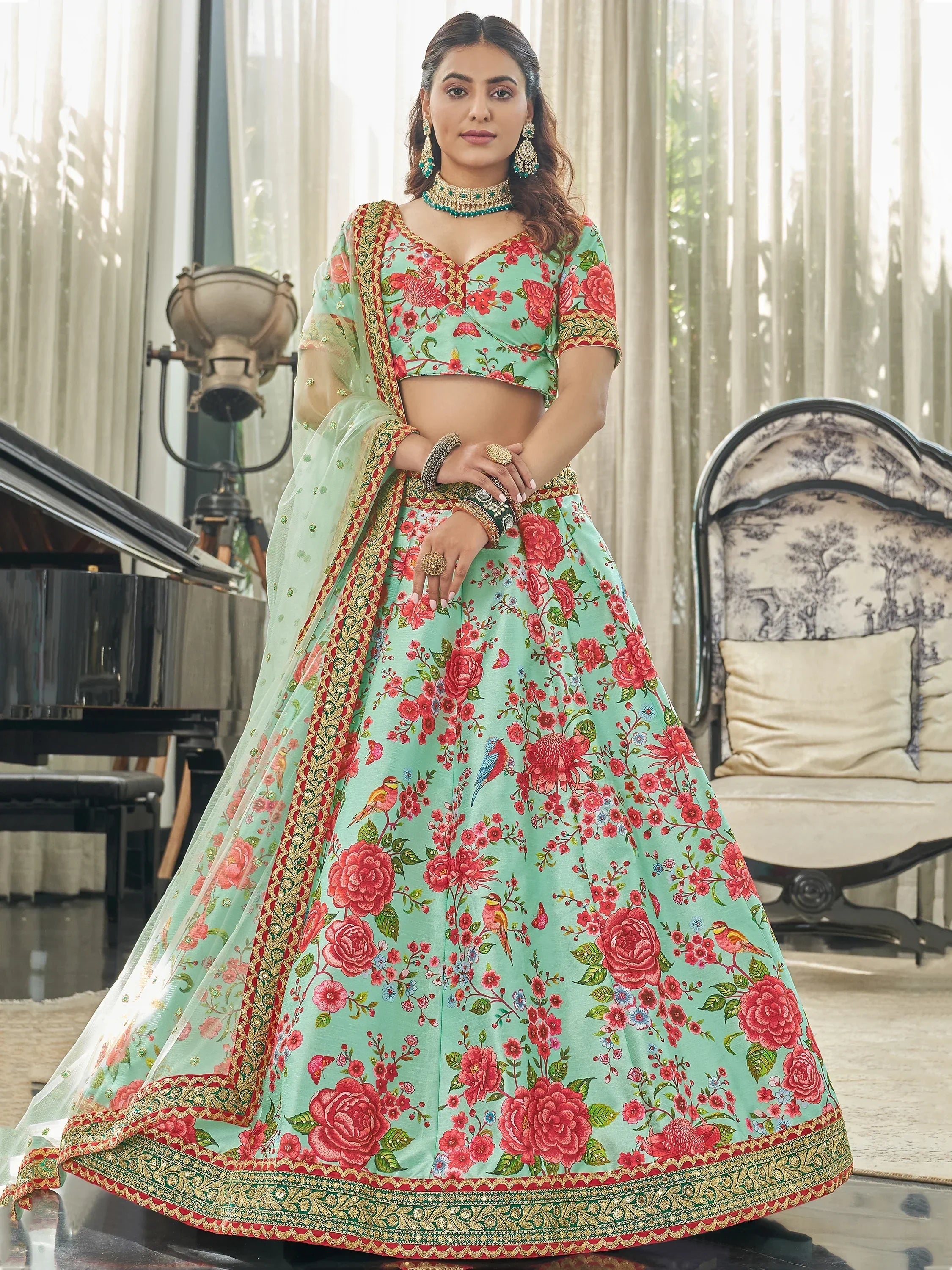Mint Spectacular Floral Printed Art Silk Lehenga Choli