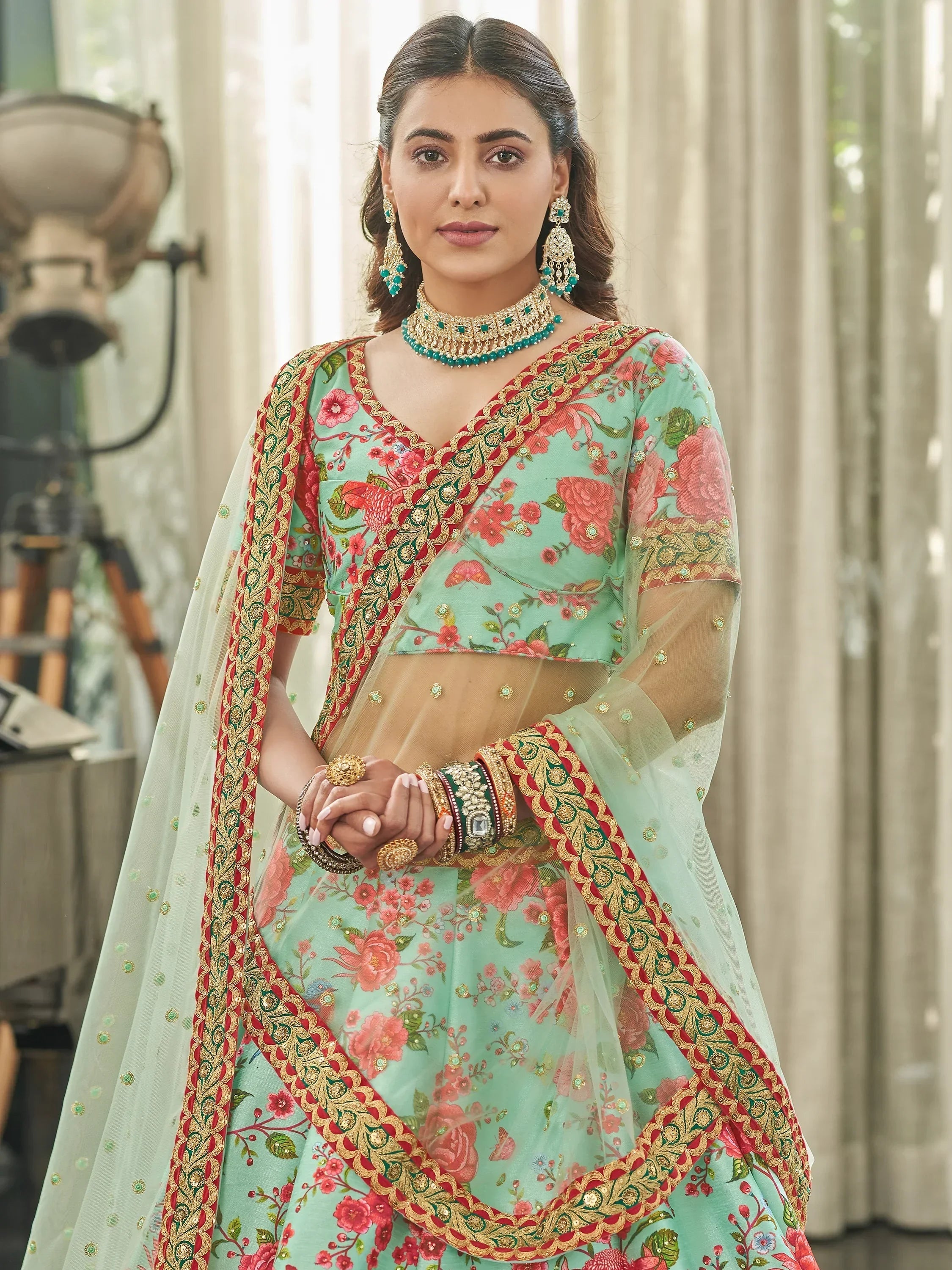 Mint Spectacular Floral Printed Art Silk Lehenga Choli