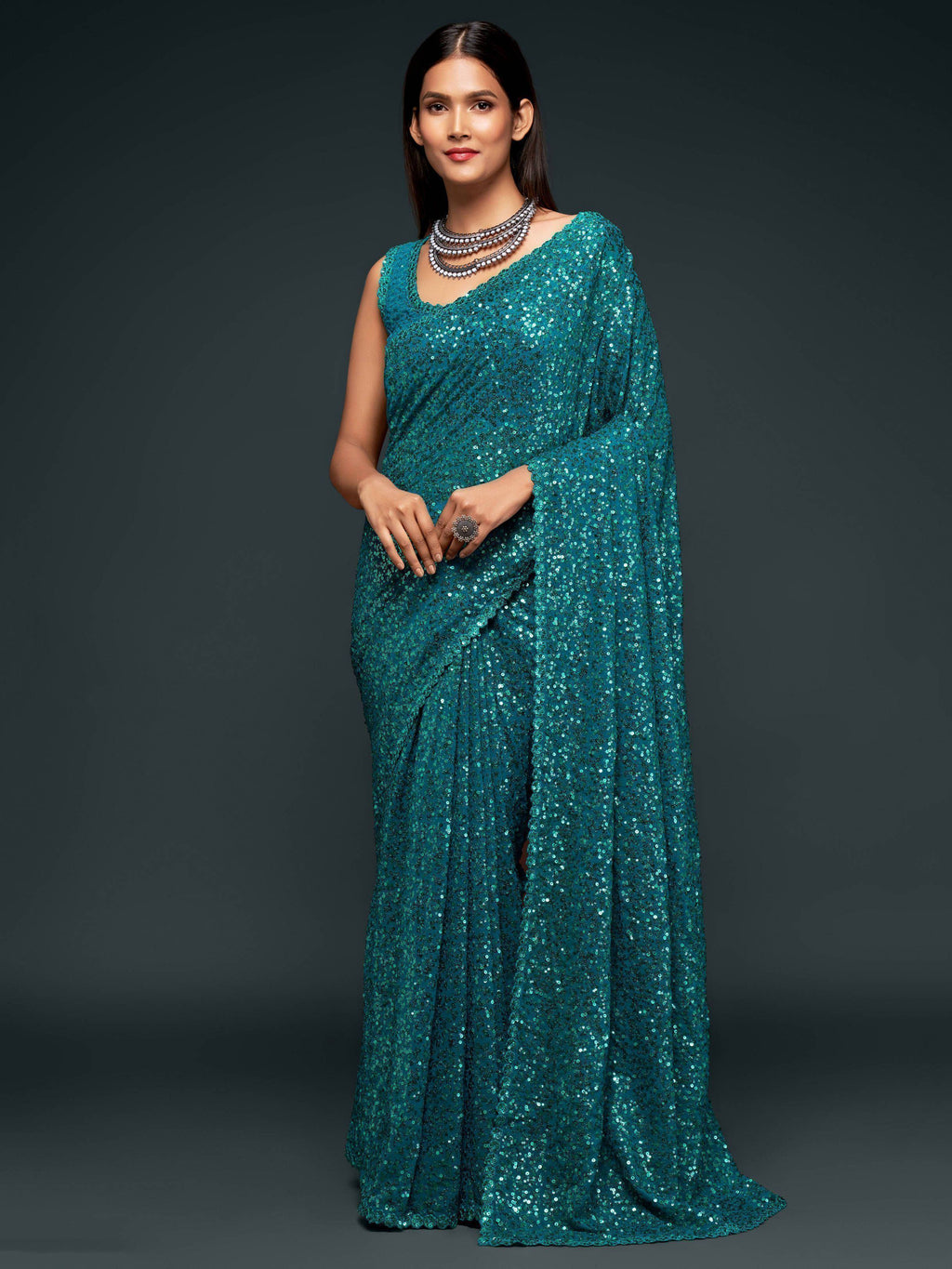 Teal Mehendi Sequins Party Wear Saree With Blouse