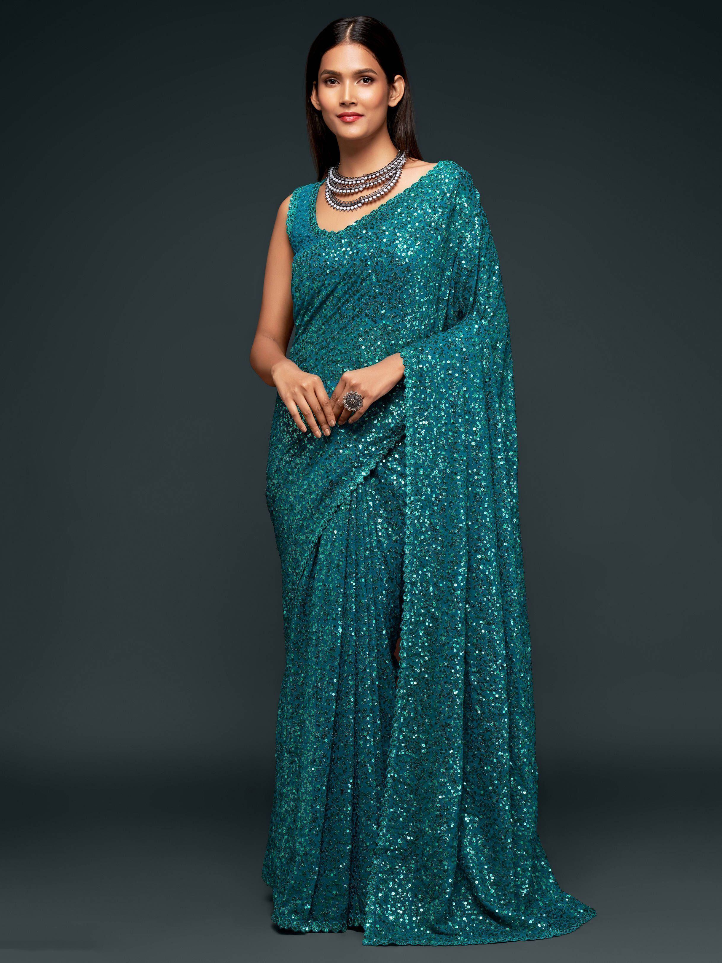 Teal Mehendi Sequins Party Wear Saree With Blouse
