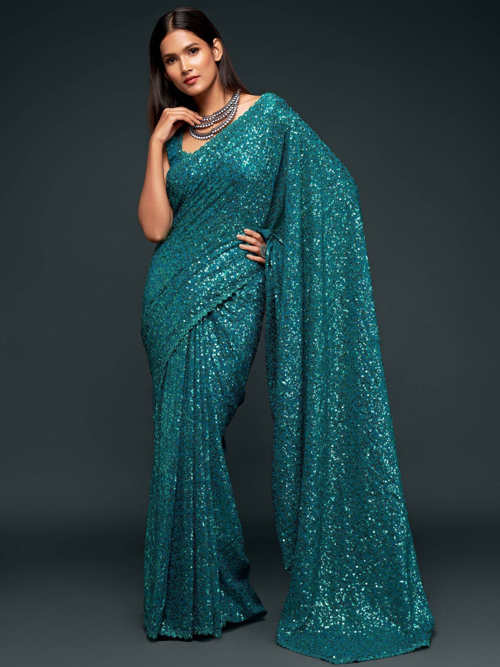 Teal Mehendi Sequins Party Wear Saree With Blouse