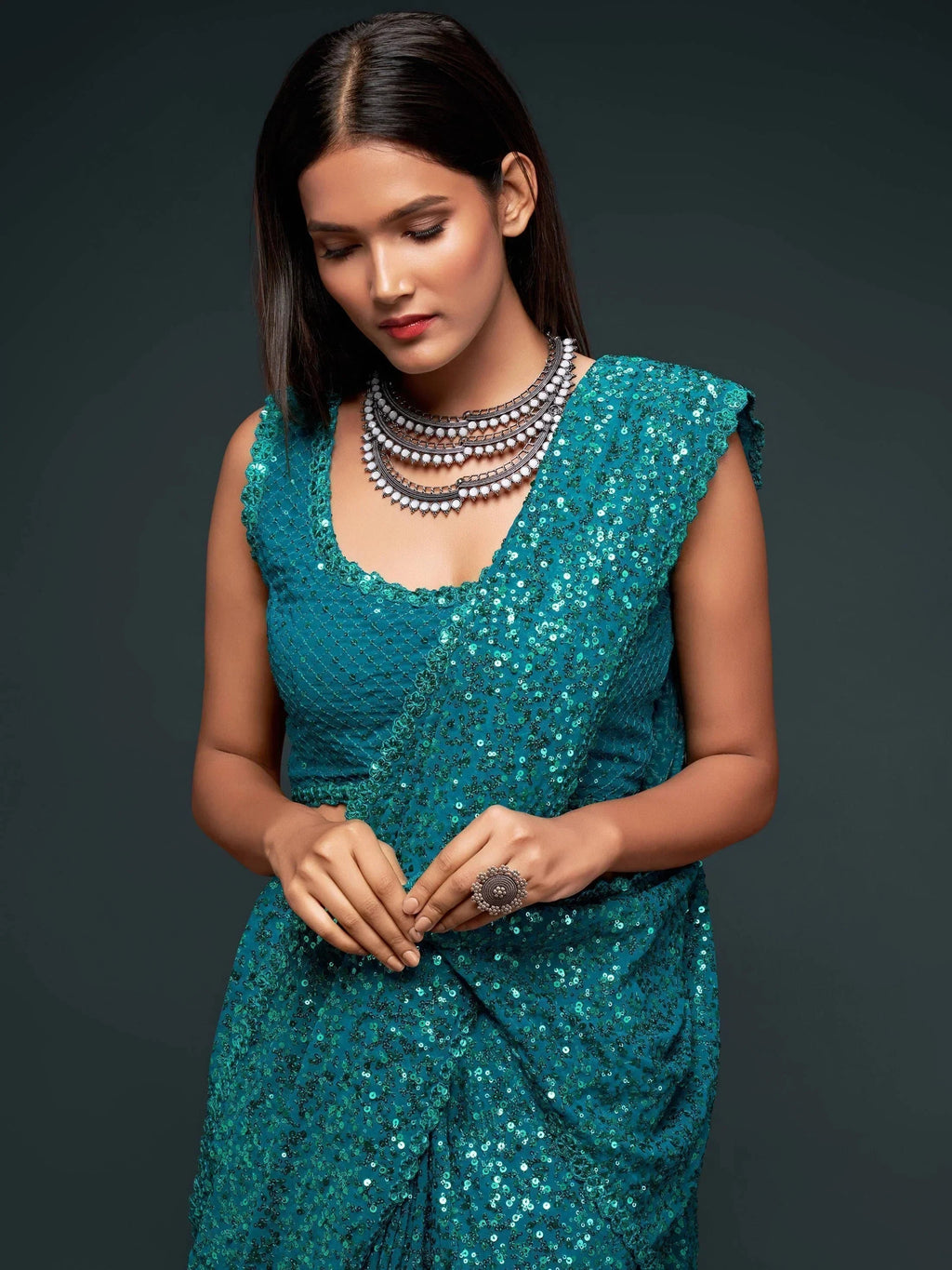 Teal Mehendi Sequins Party Wear Saree With Blouse