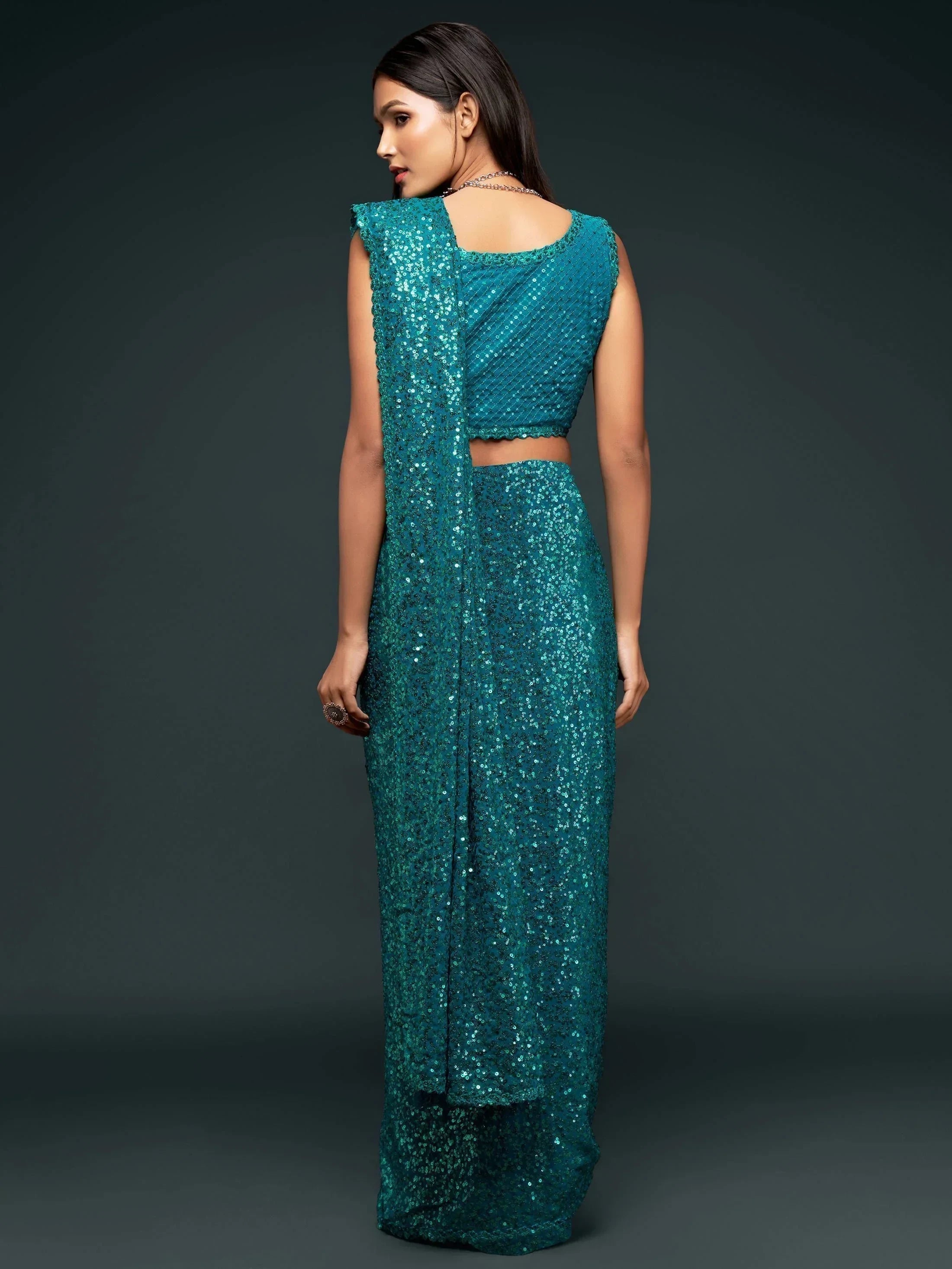 Teal Mehendi Sequins Party Wear Saree With Blouse