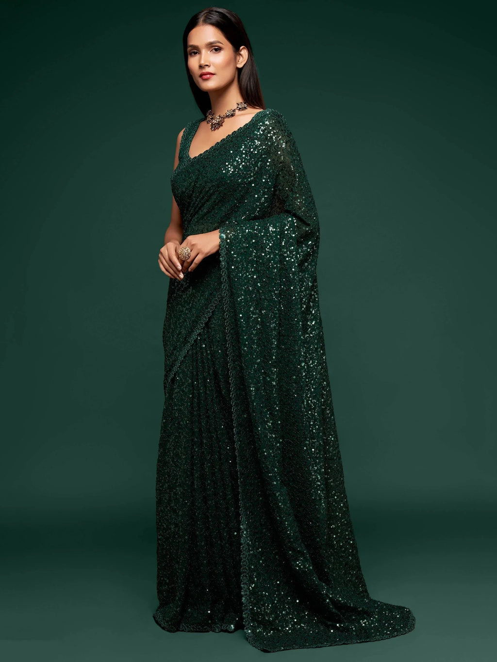 Bottle Green Mehendi Sequins Party Wear Saree With Blouse