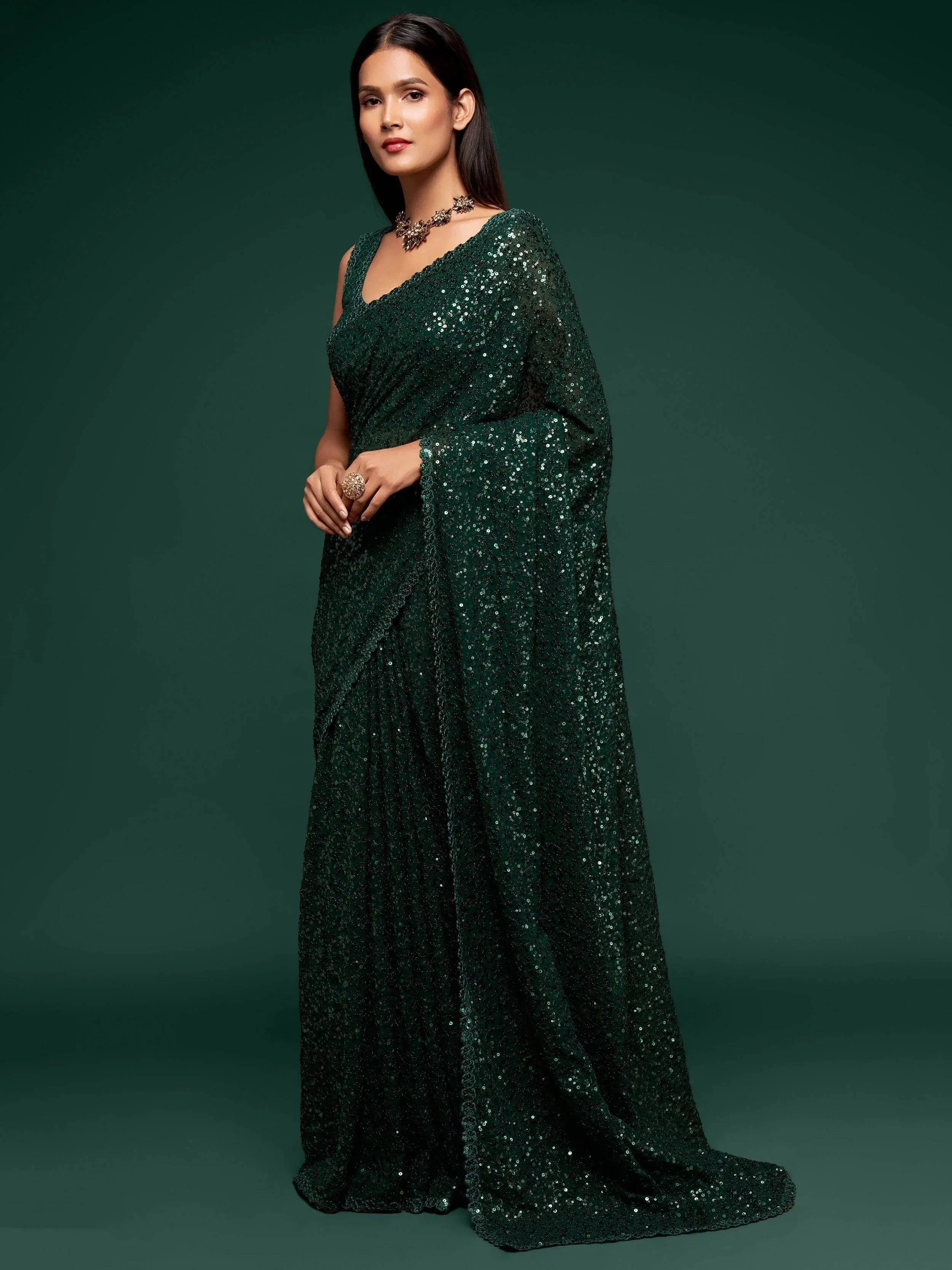 Bottle Green Mehendi Sequins Party Wear Saree With Blouse