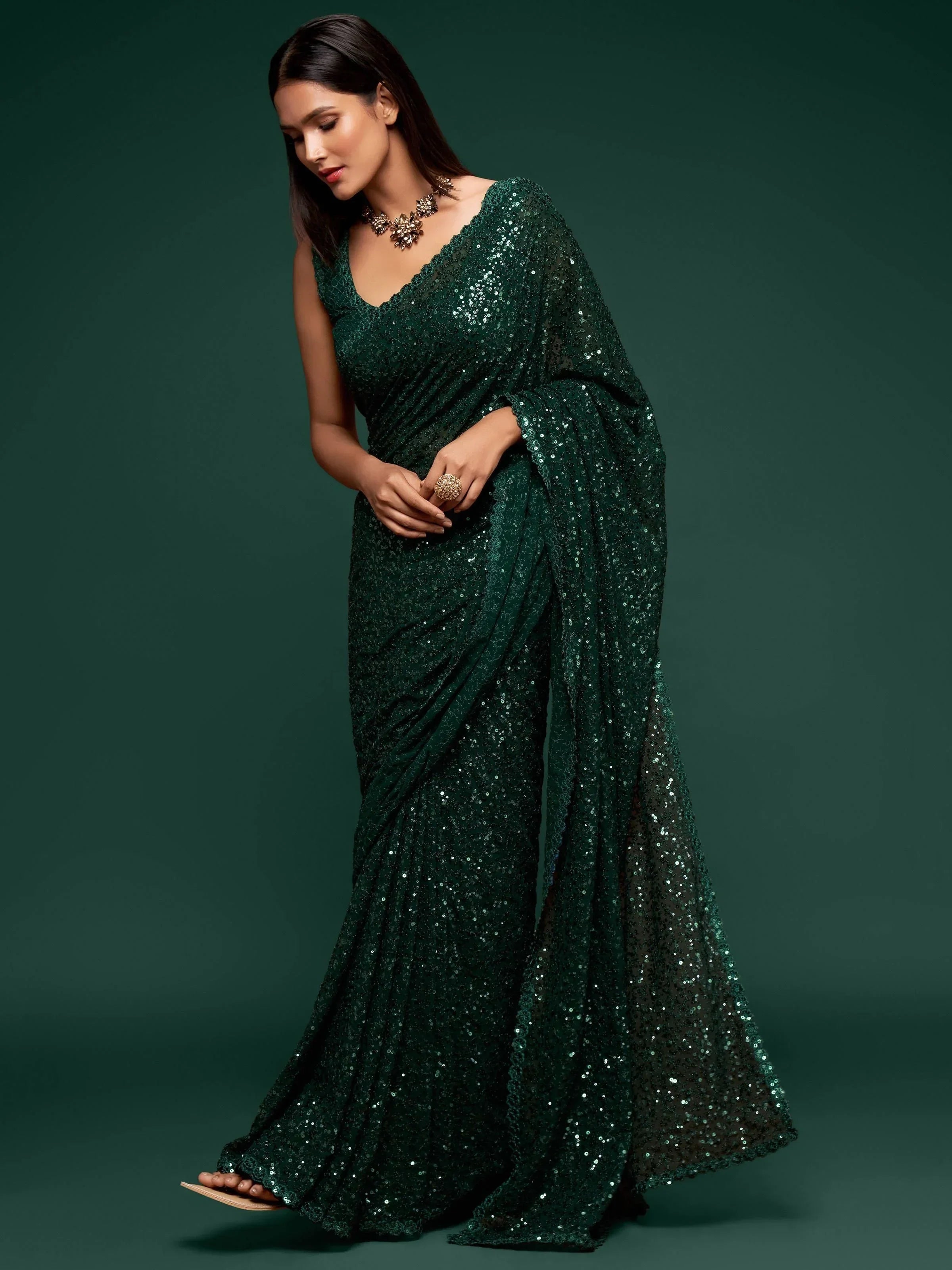 Bottle Green Mehendi Sequins Party Wear Saree With Blouse