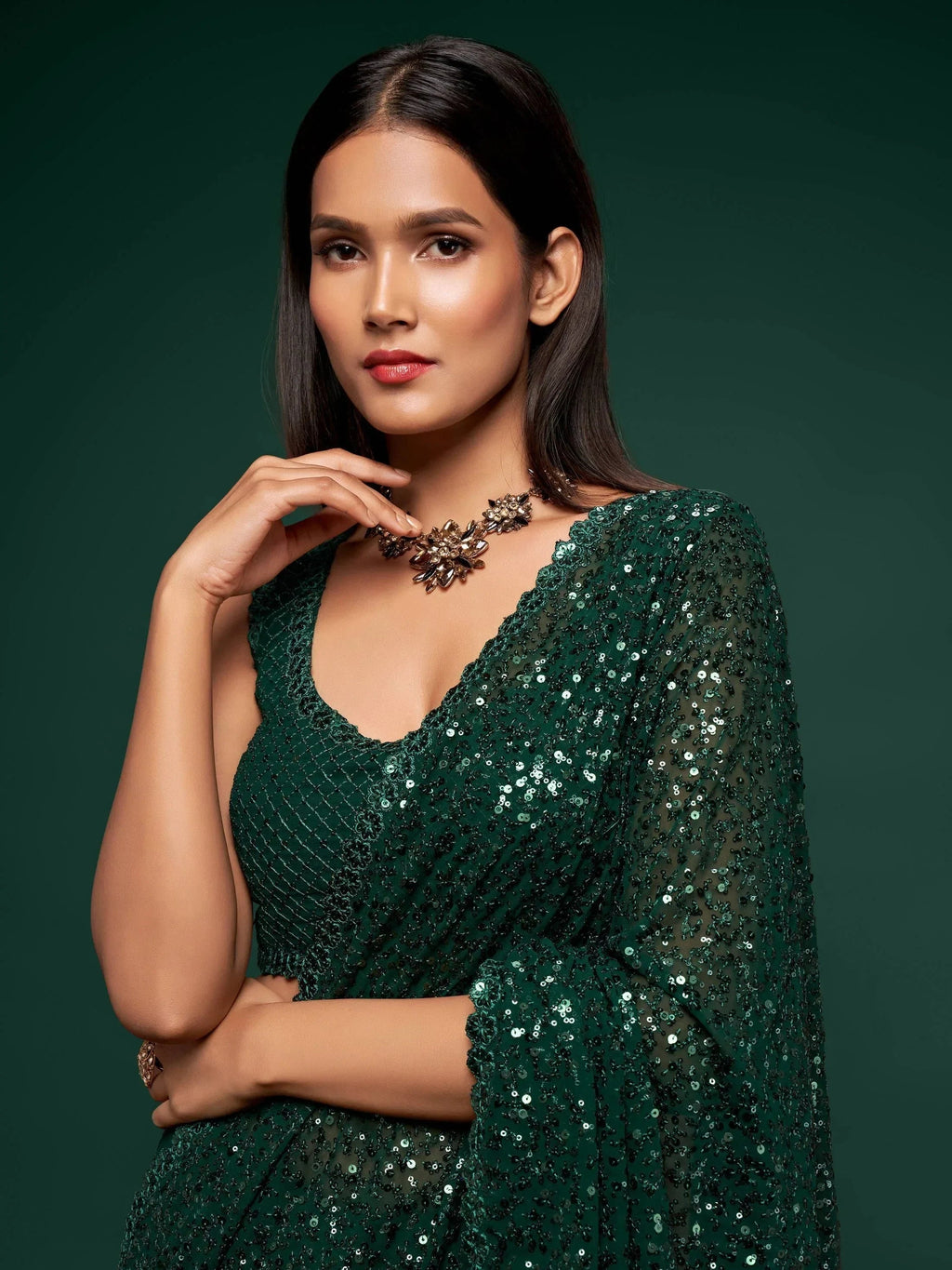 Bottle Green Mehendi Sequins Party Wear Saree With Blouse