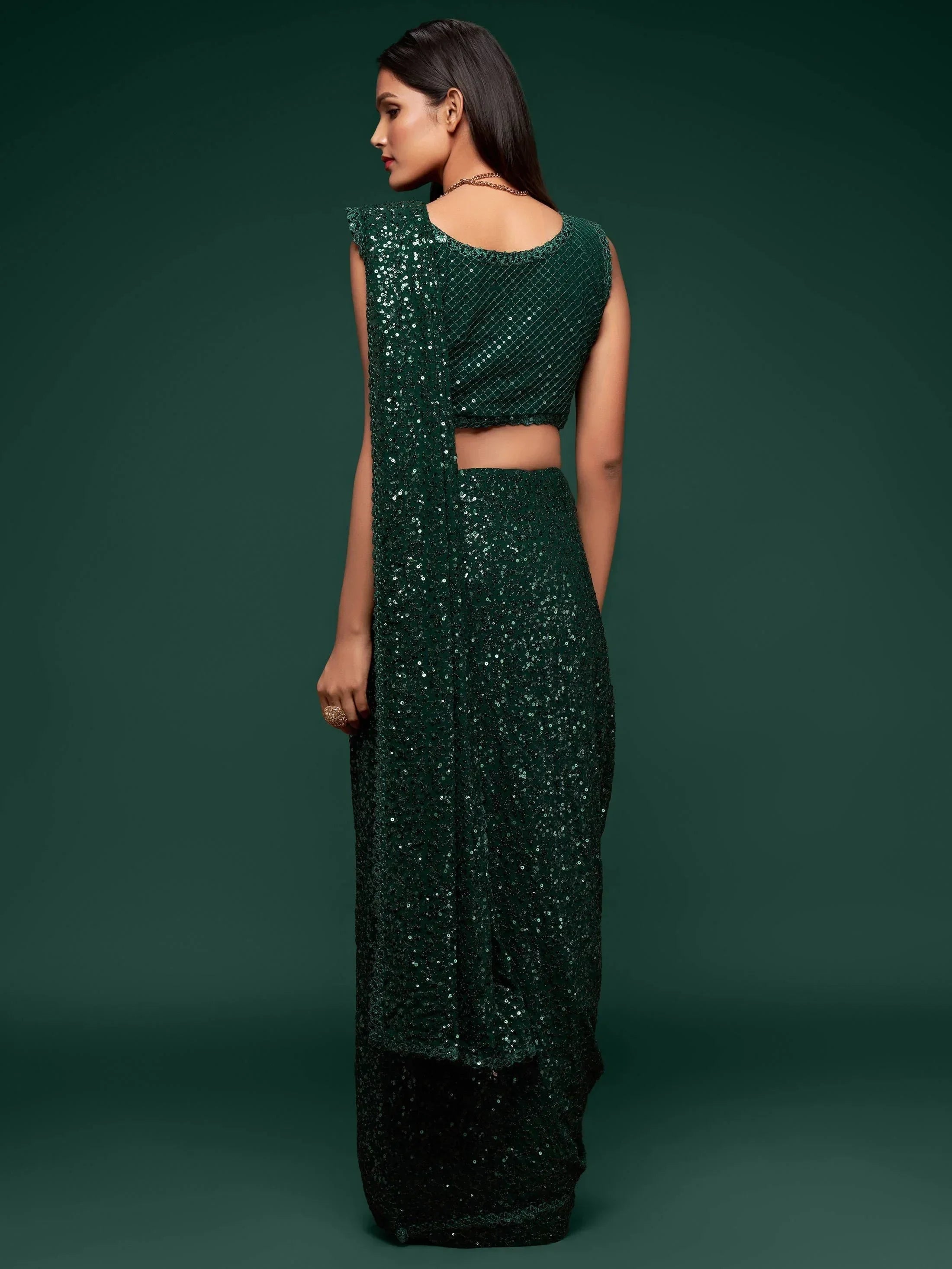 Bottle Green Mehendi Sequins Party Wear Saree With Blouse