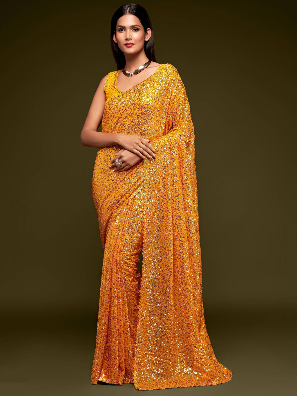 Yellow Mehendi Sequins Party Wear Saree With Blouse