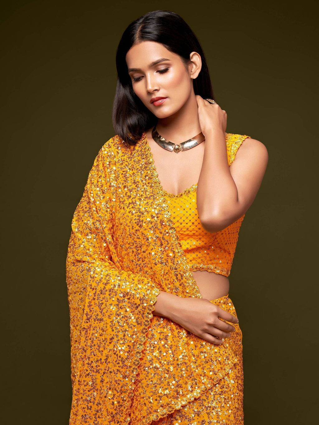 Yellow Mehendi Sequins Party Wear Saree With Blouse