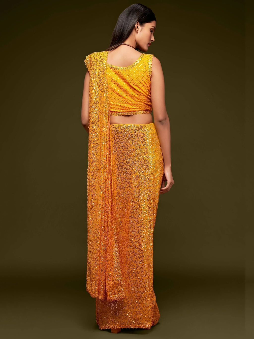 Yellow Mehendi Sequins Party Wear Saree With Blouse