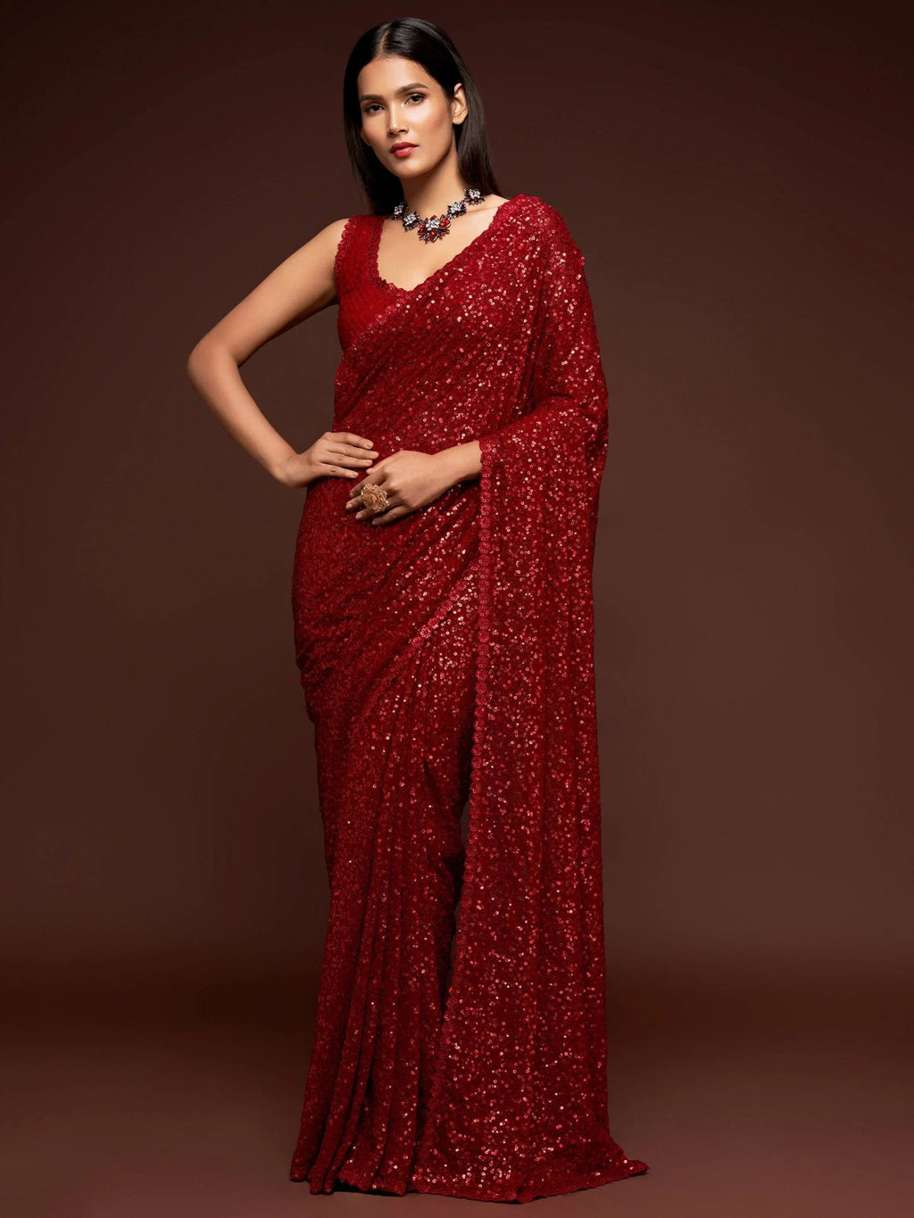 Red Mehendi Sequins Party Wear Saree With Blouse