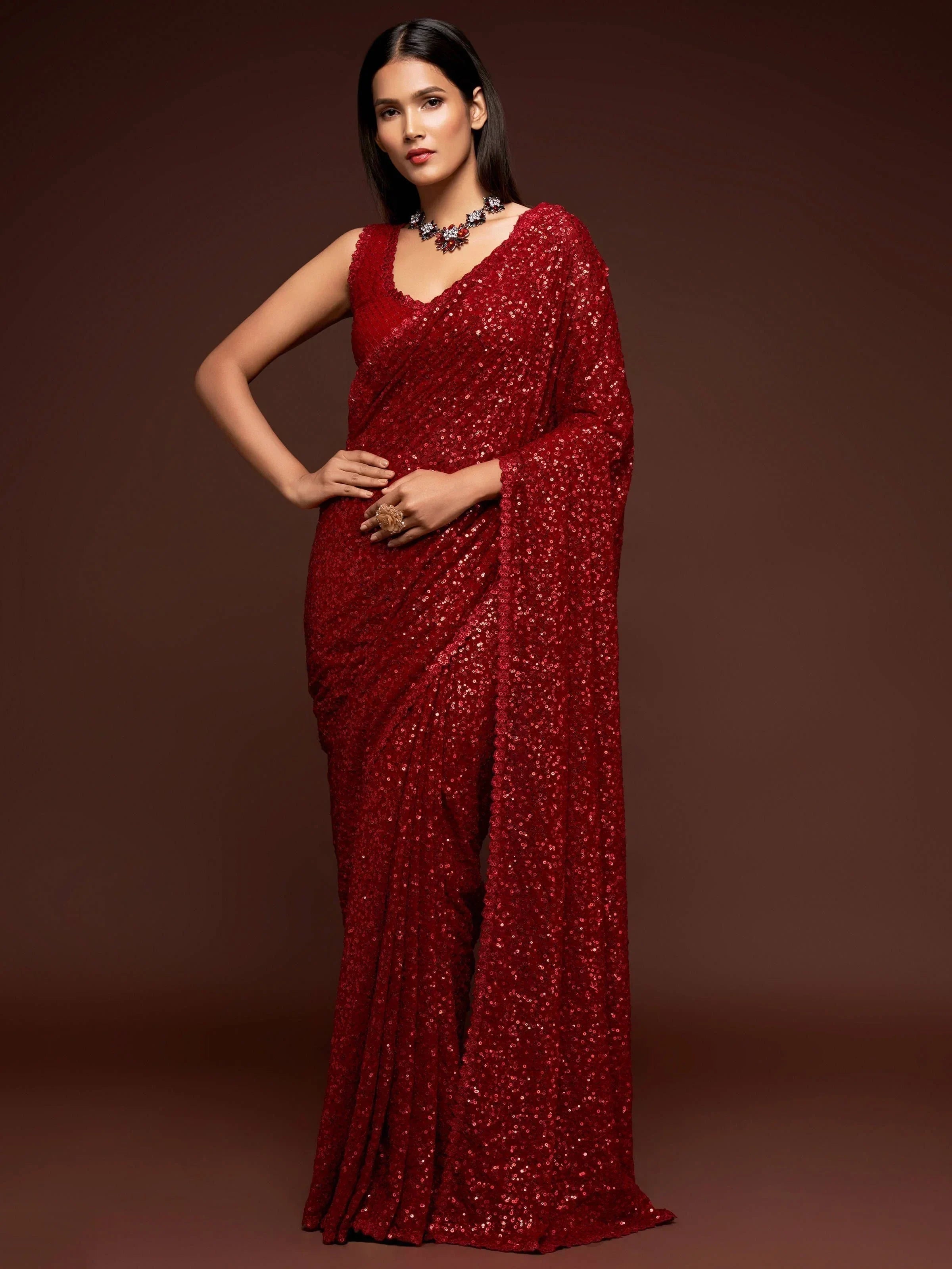 Red Mehendi Sequins Party Wear Saree With Blouse