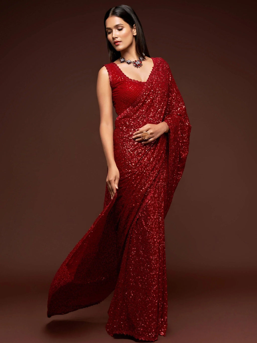 Red Mehendi Sequins Party Wear Saree With Blouse