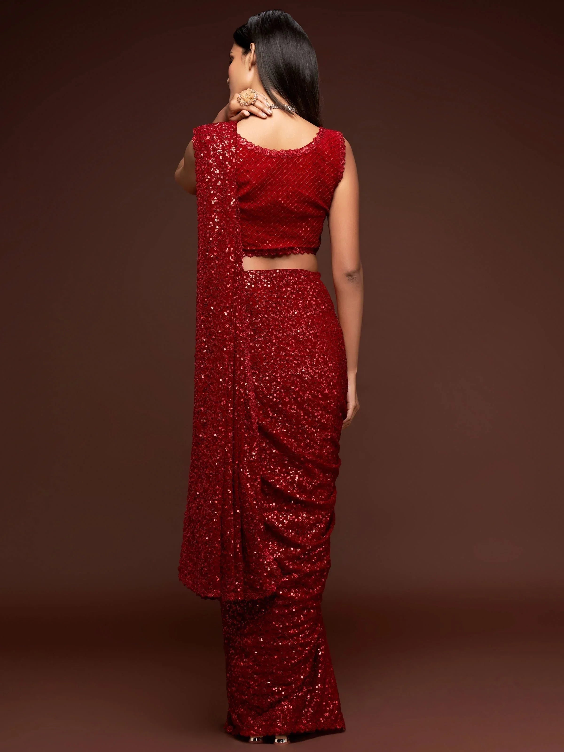 Red Mehendi Sequins Party Wear Saree With Blouse