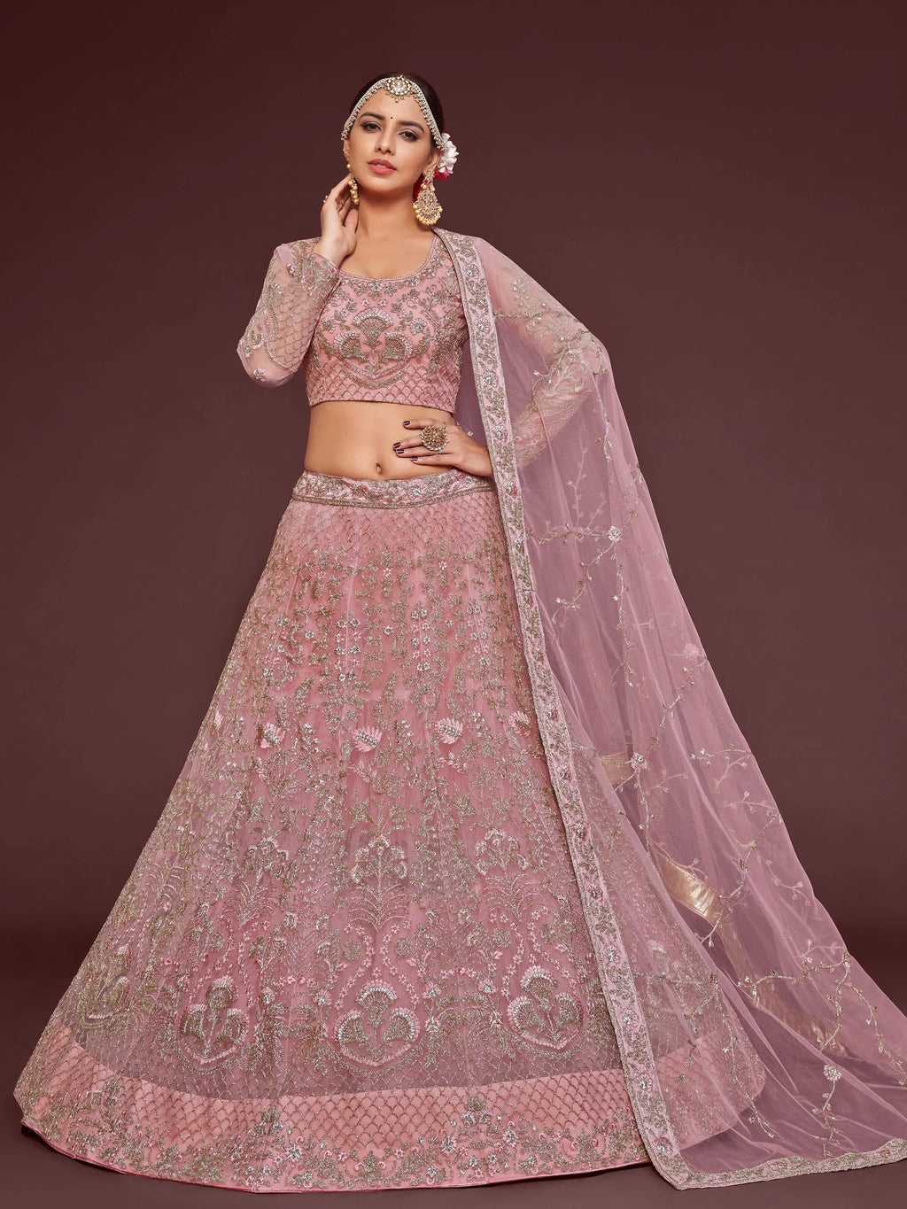 Light Pink Enchanting Light Embroidered Soft Net Wedding wear Lehenga Choli