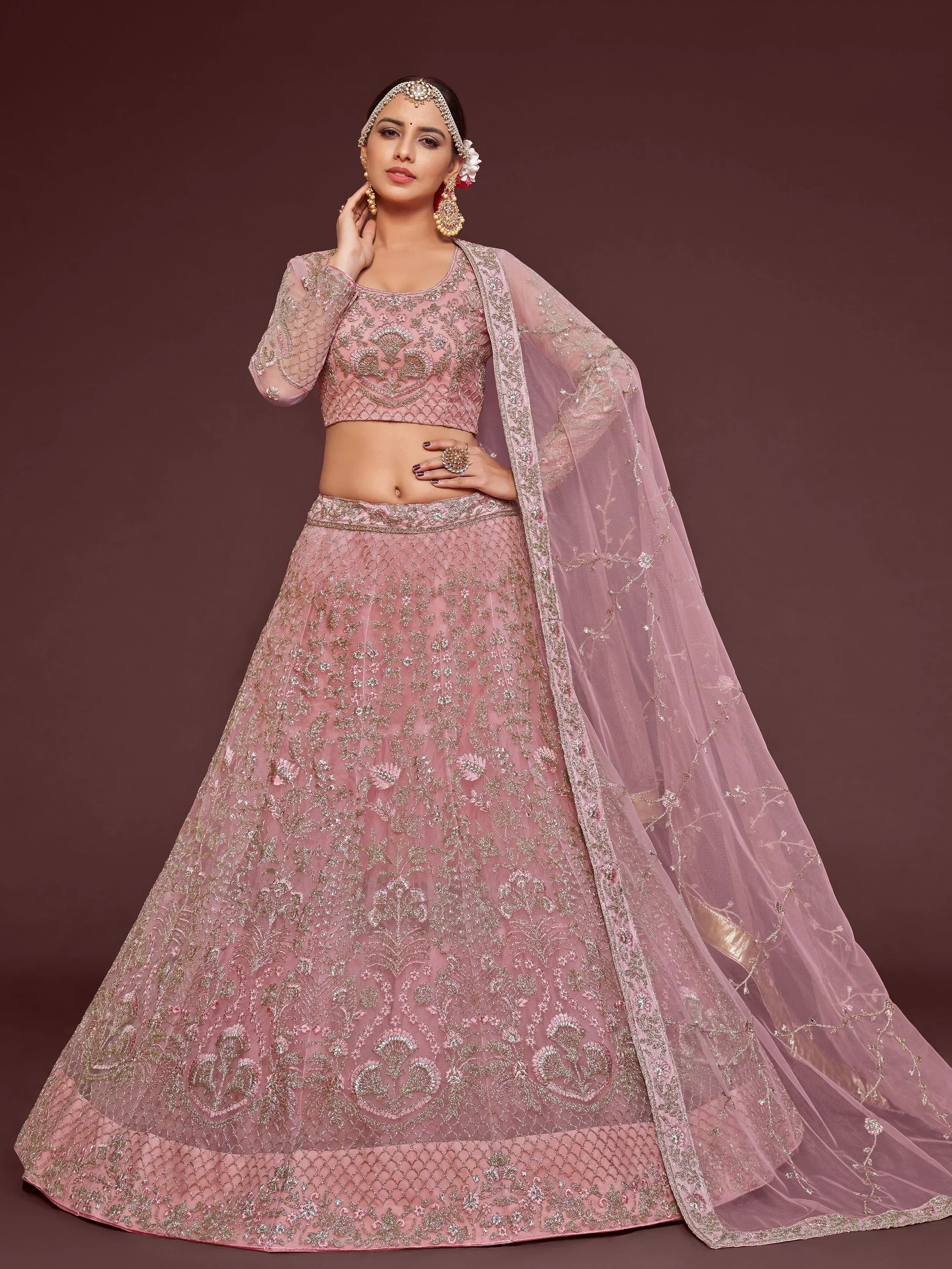 Light Pink Enchanting Light Embroidered Soft Net Wedding wear Lehenga Choli