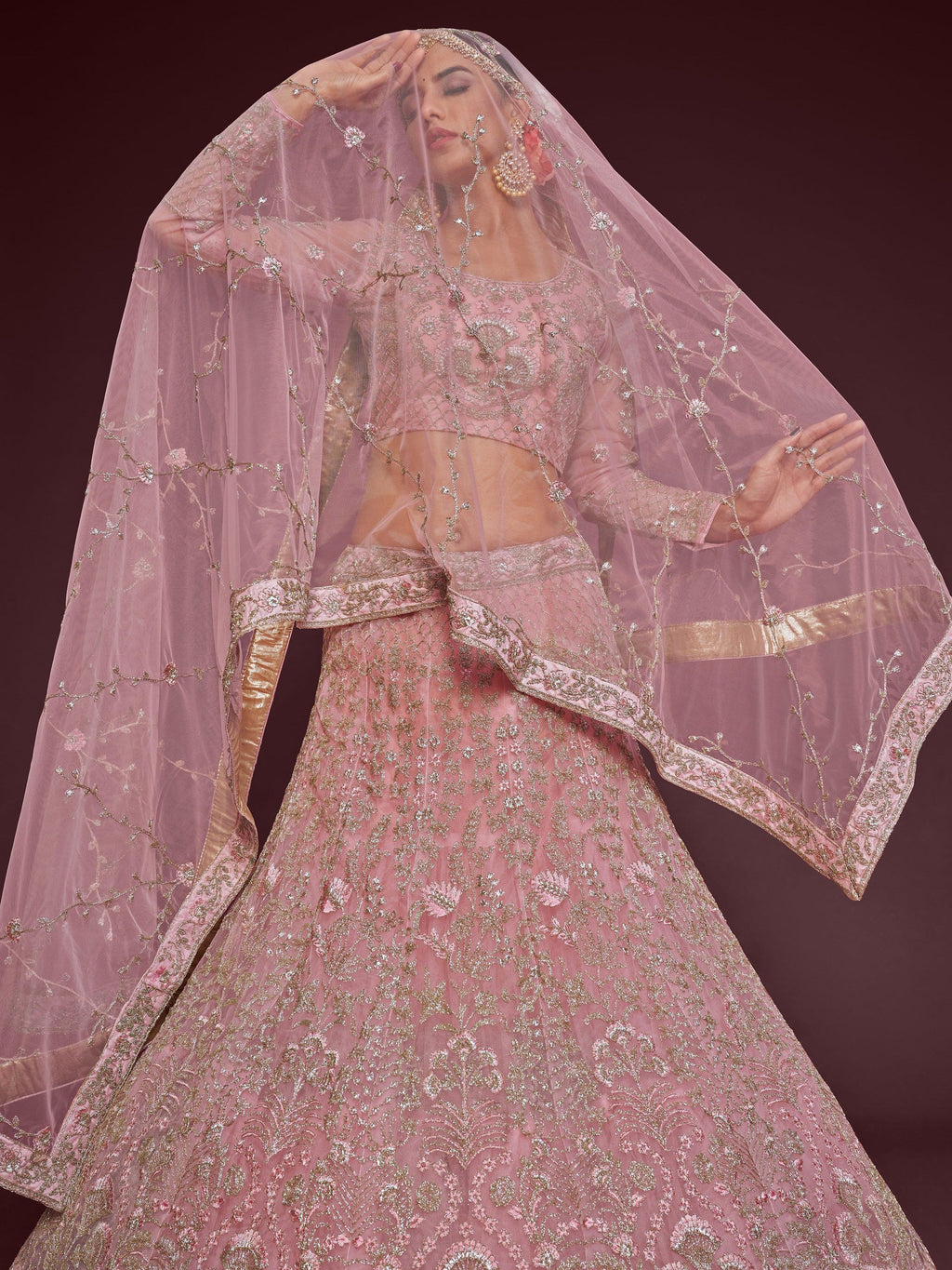 Light Pink Enchanting Light Embroidered Soft Net Wedding wear Lehenga Choli