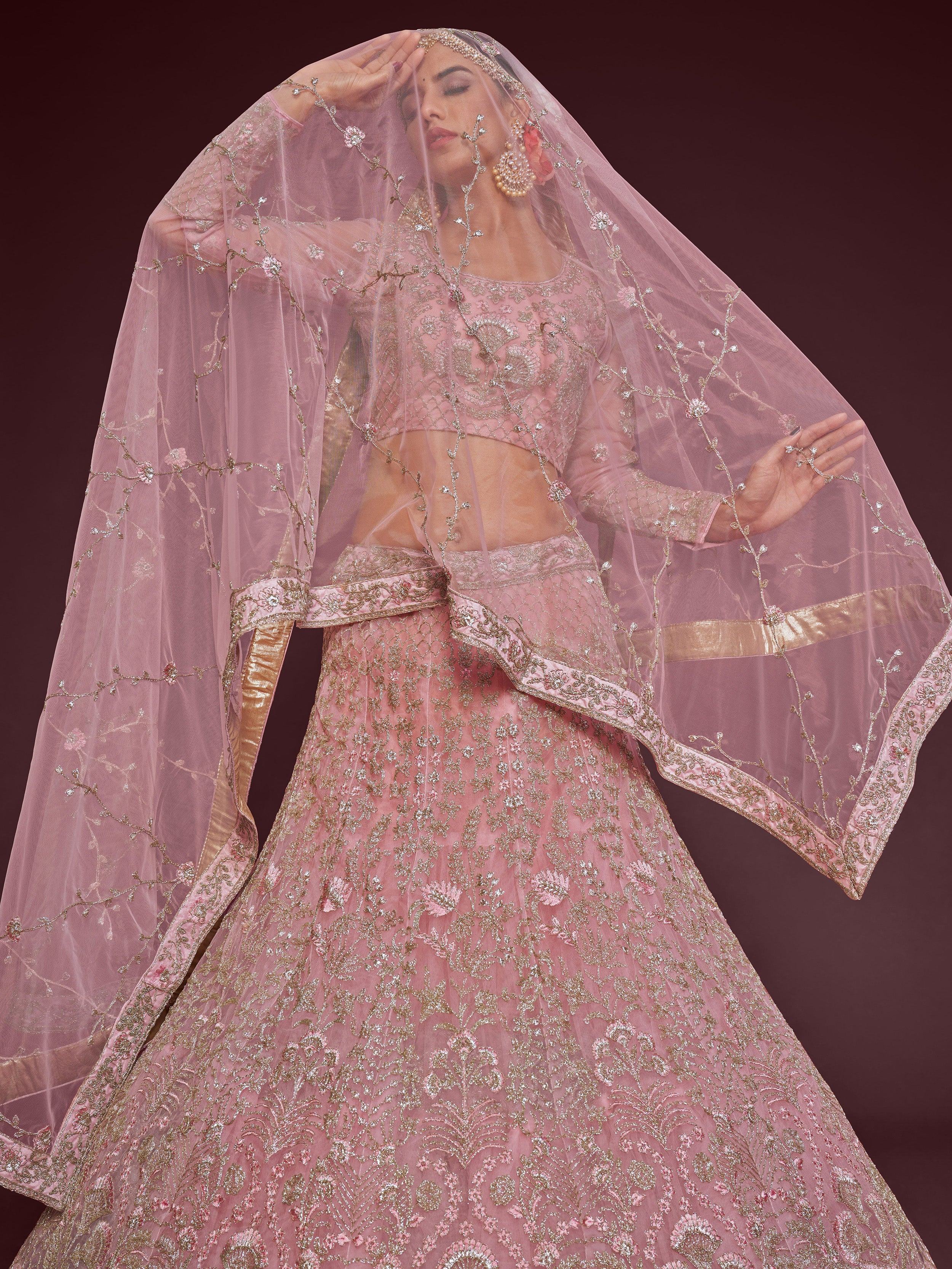Light Pink Enchanting Light Embroidered Soft Net Wedding wear Lehenga Choli