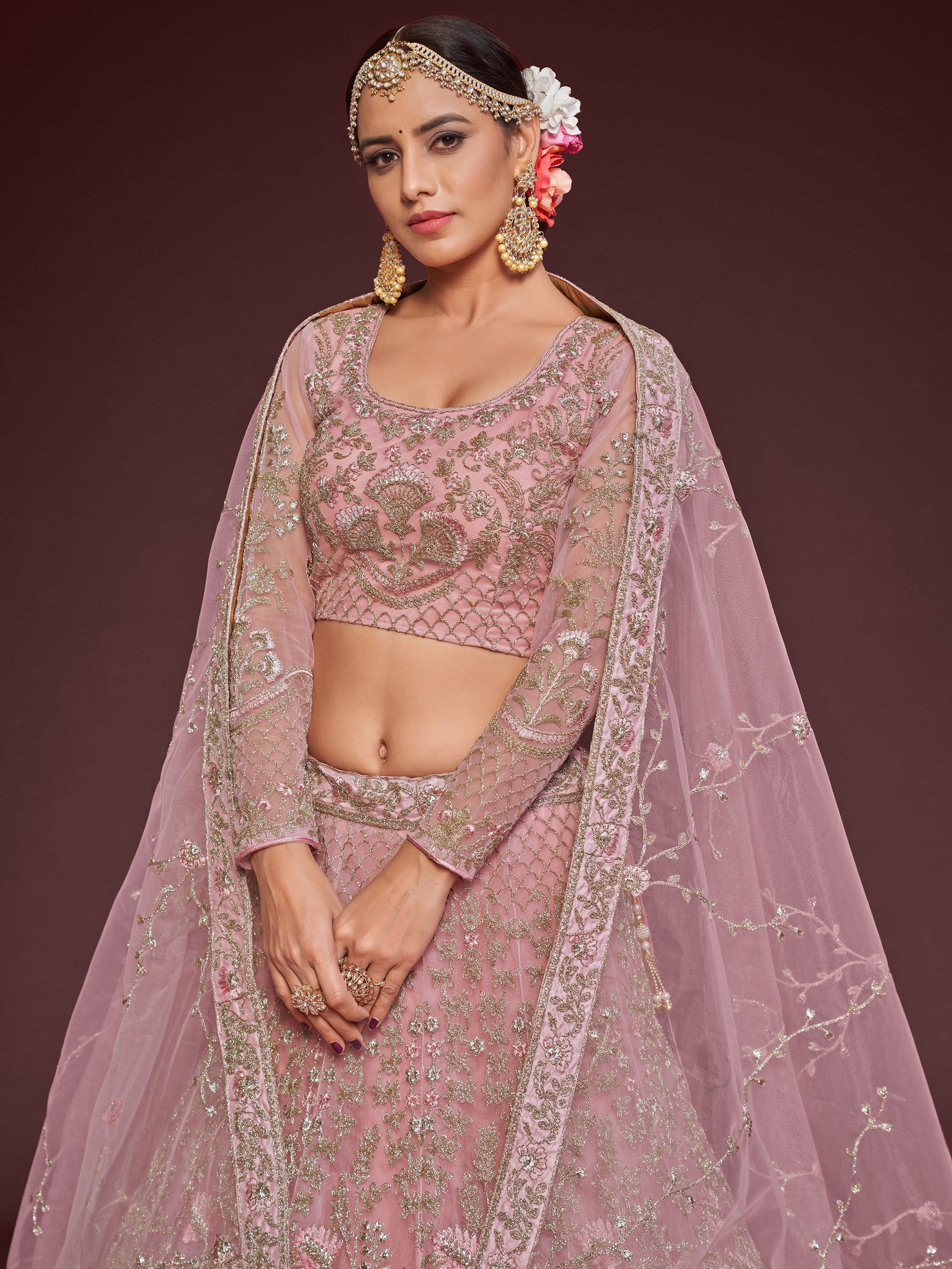 Light Pink Enchanting Light Embroidered Soft Net Wedding wear Lehenga Choli
