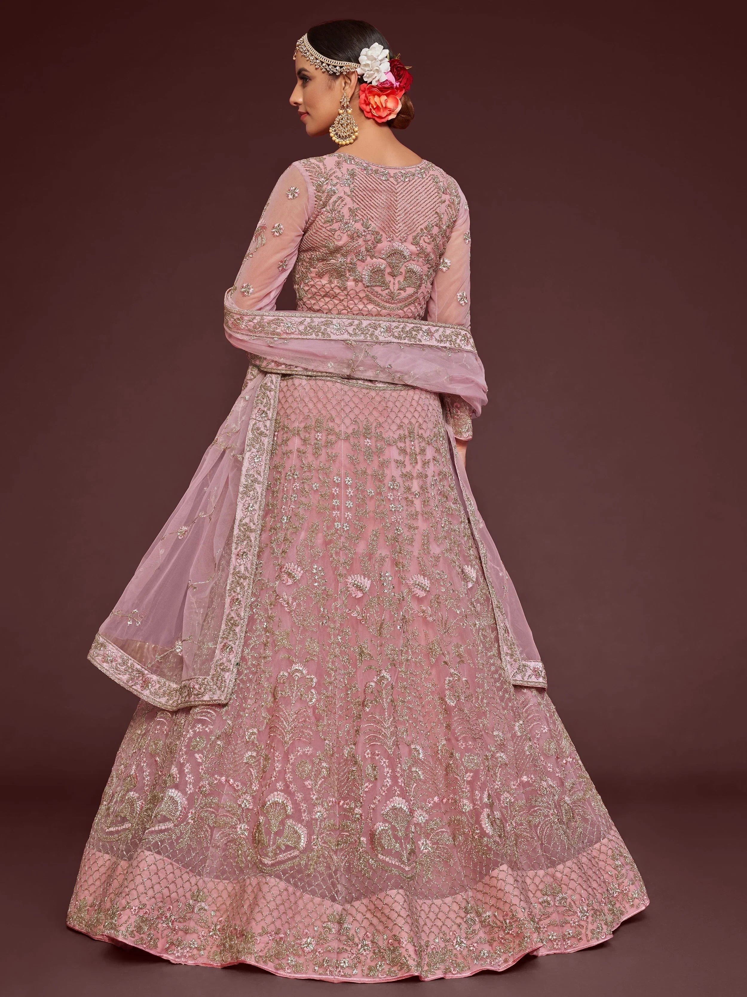 Light Pink Enchanting Light Embroidered Soft Net Wedding wear Lehenga Choli