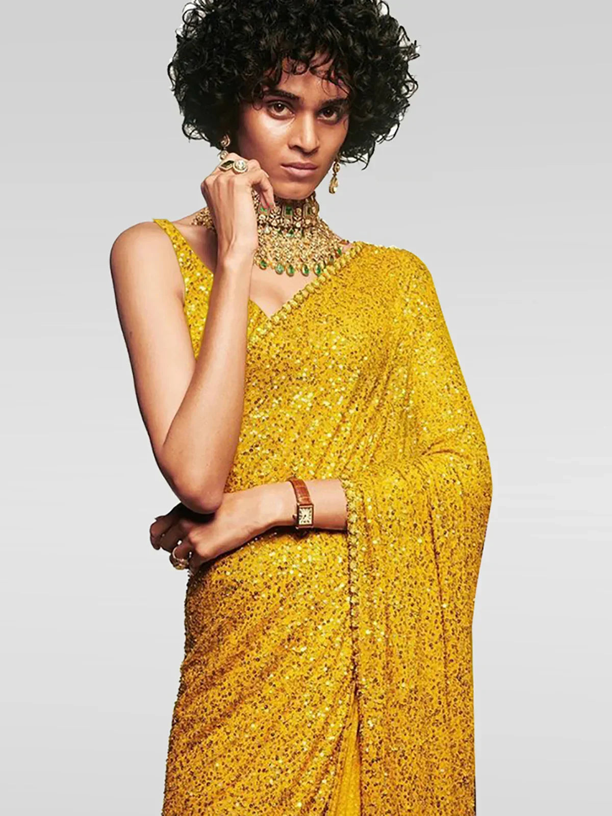 Yellow Mehendi Sequins Party Wear Saree With Blouse